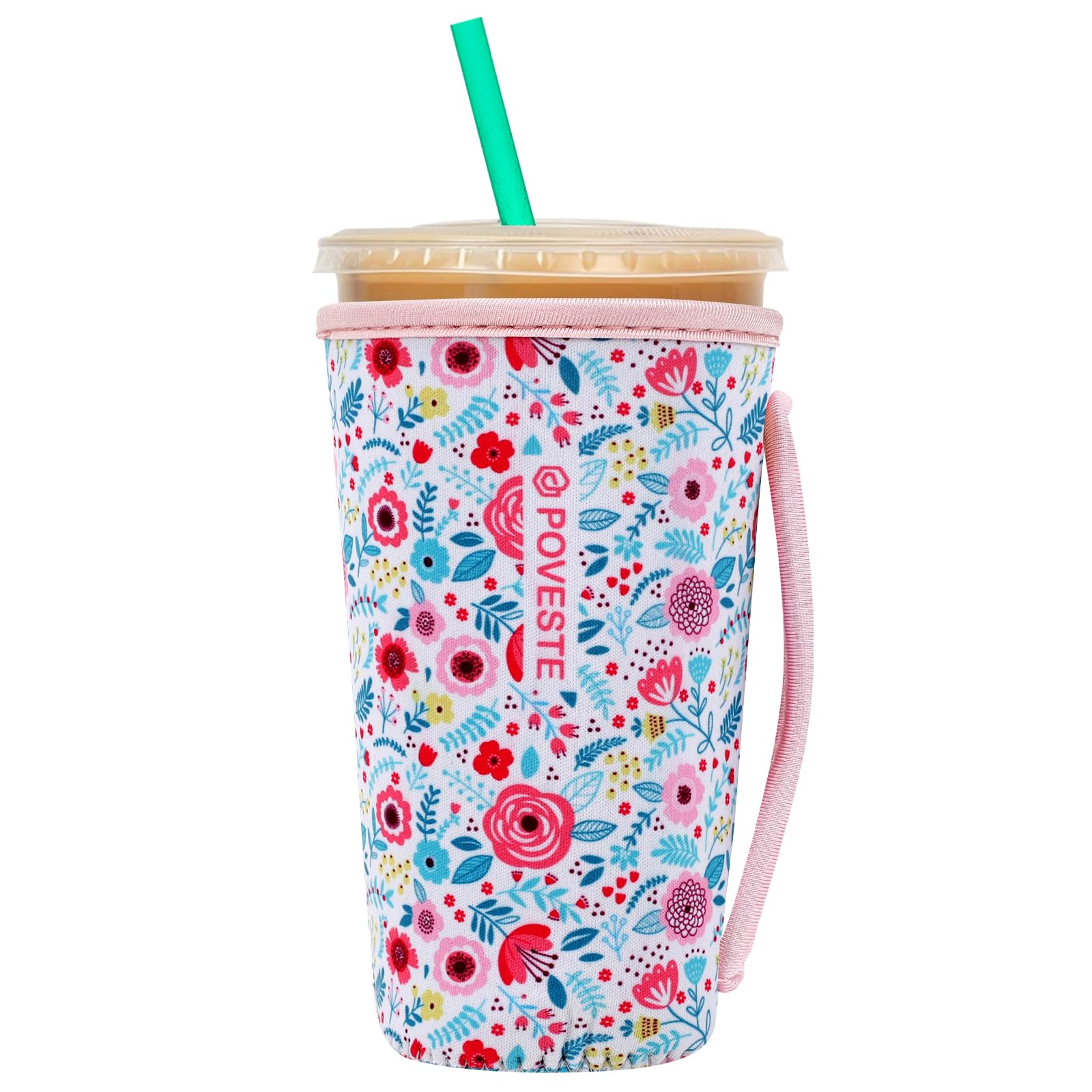 Reusable Neoprene Insulator Sleeve for Iced Coffee &amp; Cold Soda, Coffee Sleeves for Iced &amp; Hot Drinks, Cold Beverage Cooler Compatible with Starbucks, Dunkin (White Flower Garden, Large: 32oz)