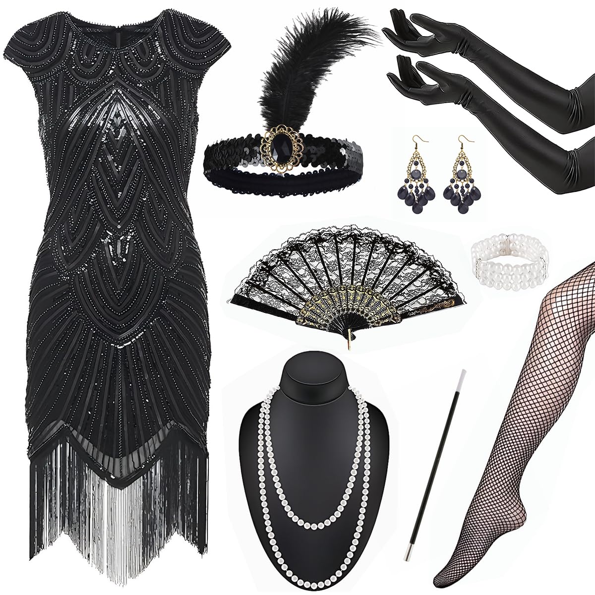 Vestido Años 20 Disfraz Años 20 Mujer, Vestido Charleston con Flecos y Lentejuelas,con Conjunto de accesorios Flapper de Los Años 20,para Carnaval, Halloween, Baile Fiesta