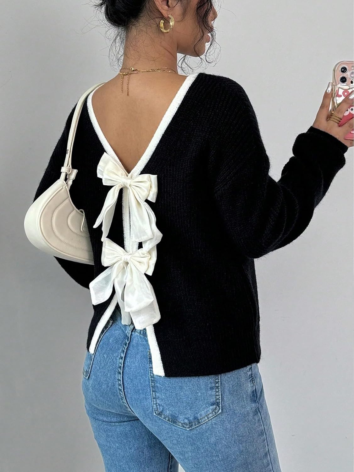 Women's Off The Shoulder Pullover Bow Ribbed Knit Sweater Cute Crew Neck Long Sleeve Trendy Cozy Sweaters - Image 2