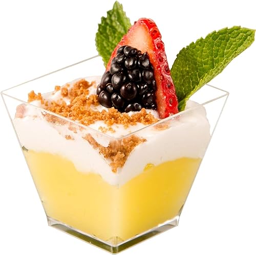 DLux 100 mini tazas cuadradas de postre de 2 onzas (sin cucharas), taza de plástico transparente para aperitivos de parfait, pequeño cuenco