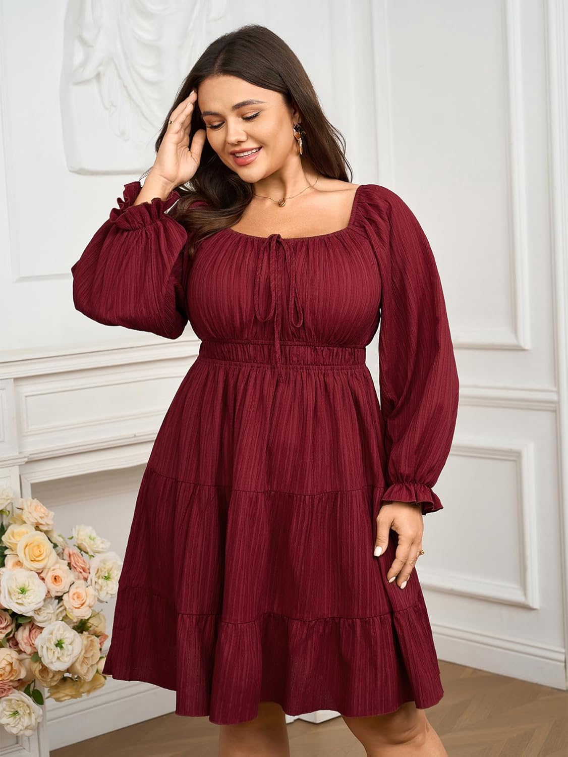 Women's Plus Size Dresses Square Neck Long Sleeve Tie Front Textured A Line Mini Dress - Image 5