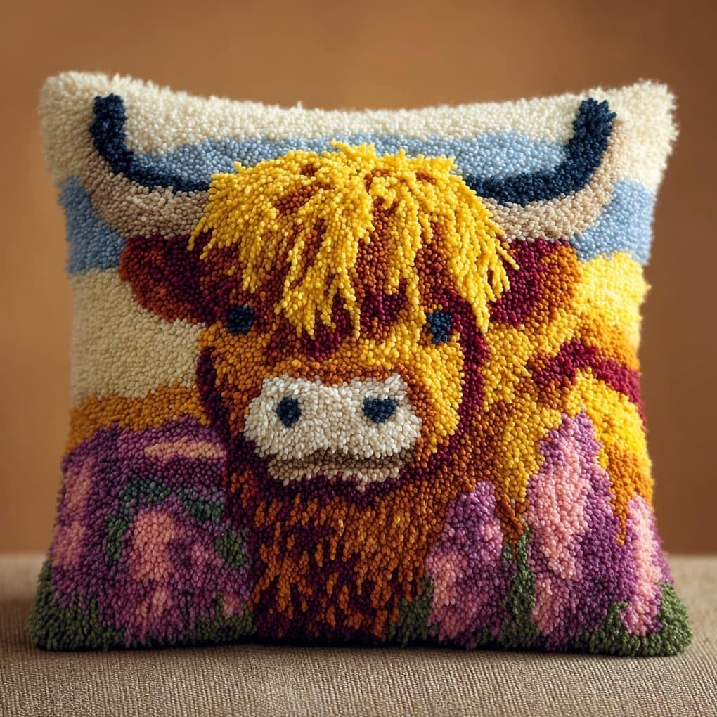 Henypt Latch Hook Pillow Kit,43x43cm,Highland Cattle in the Flowerbed DIY Cushion Cover Set with Printed Canvas & Complete Tools for Adults,Handmade Cushion Craft