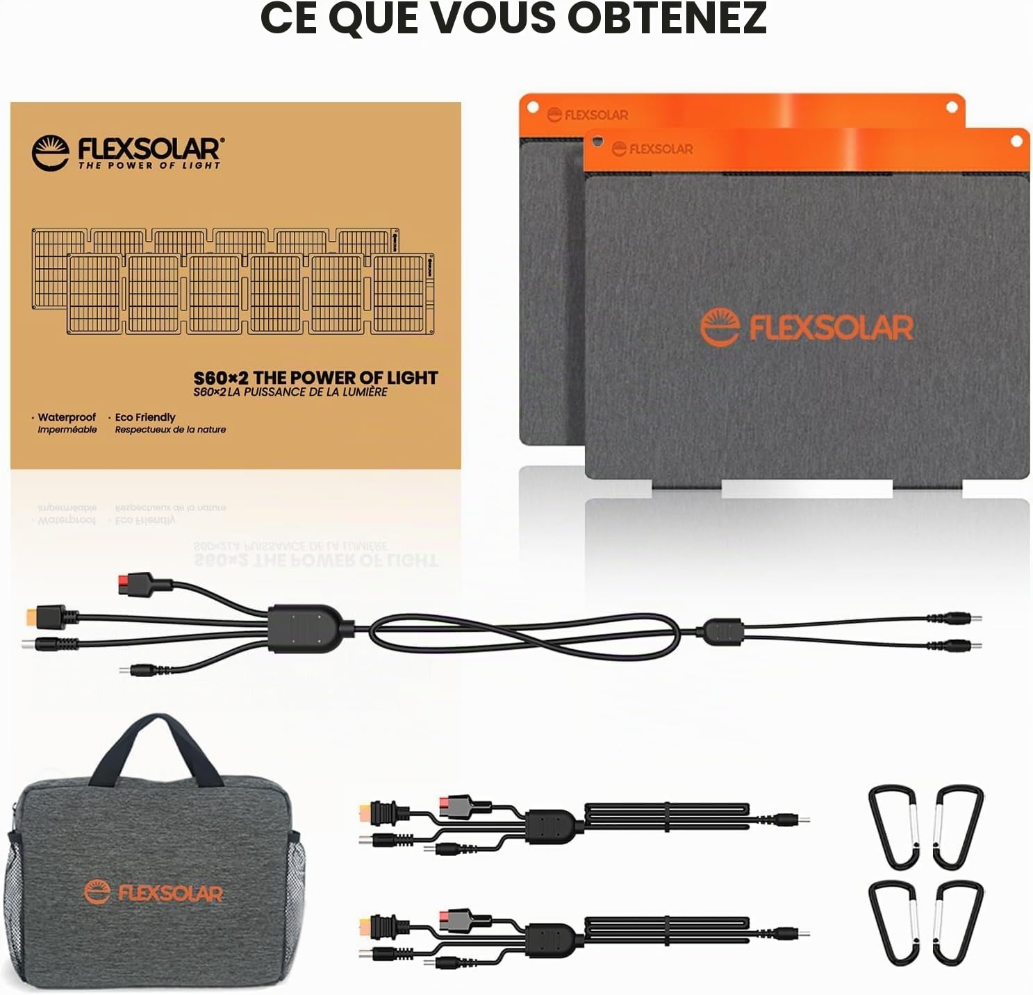 Lot de 2 panneaux solaires 60 W Flexsolar - Portable et pliable - IP67 - Étanche - Pour le camping - Convient pour les petits générateurs, téléphones, banques d'énergie mobiles