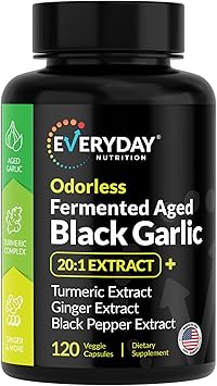 Fermented Aged Black Garlic Supplement with Turmeric & Ginger Extracts | Supports Healthy Blood Flow, Cellular Health, Antioxidant Defense & Immune Function Non-GMO EVERYDAY NUTRITION 120 Count