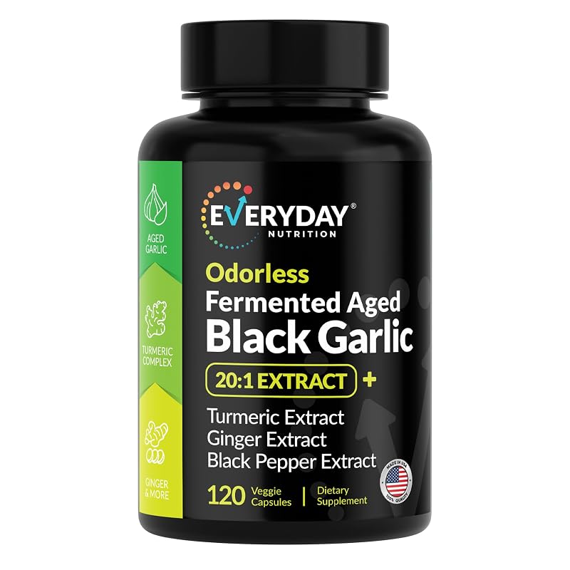 EVERYDAY NUTRITION Suplemento Fitoterápico de Alho Preto Fermentado 20:1 com Cúrcuma, Gengibre e Pimenta-Preta, 800 mg por porção, 120 cápsulas