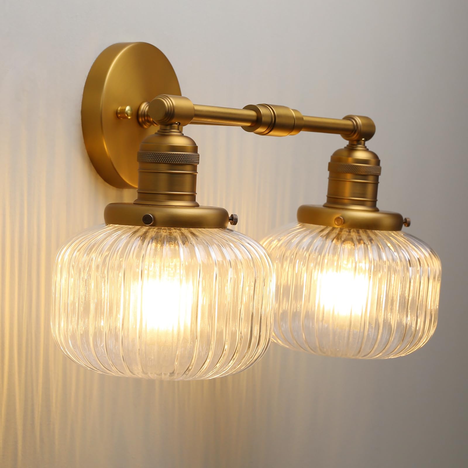 Phansthy Industrial 2 Heads Sconces Wall Lighting, Ribbed Glass Wall Lights for Bedroom Loft Kitchen Stairway Living Room Dining Room (Antique Gold)