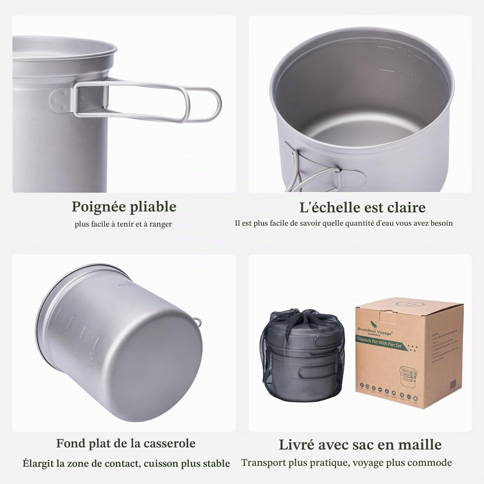 iBasingo Lot de casseroles en Titane avec poignée Pliante en Plein air pour Camping à Soupe - Bol à Frire - Ustensiles de Cuisine Ultra légers - pour Les Voyages, Les Pique-niques, la randonnée