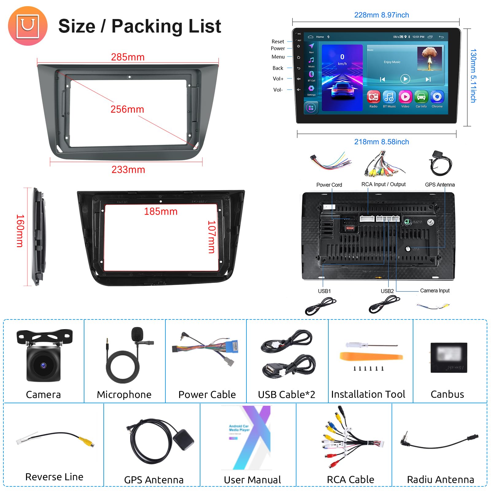 2GB 64GB Android Autoradio per Seat Altea 2004-2015/Toledo 2004-2009 Radio Wireless Carplay Android Auto, Hodozzy 9 Pollici Touch Screen Navigazione GPS, WiFi Bluetooth, FM RDS 2 Din Mit Retrocamera