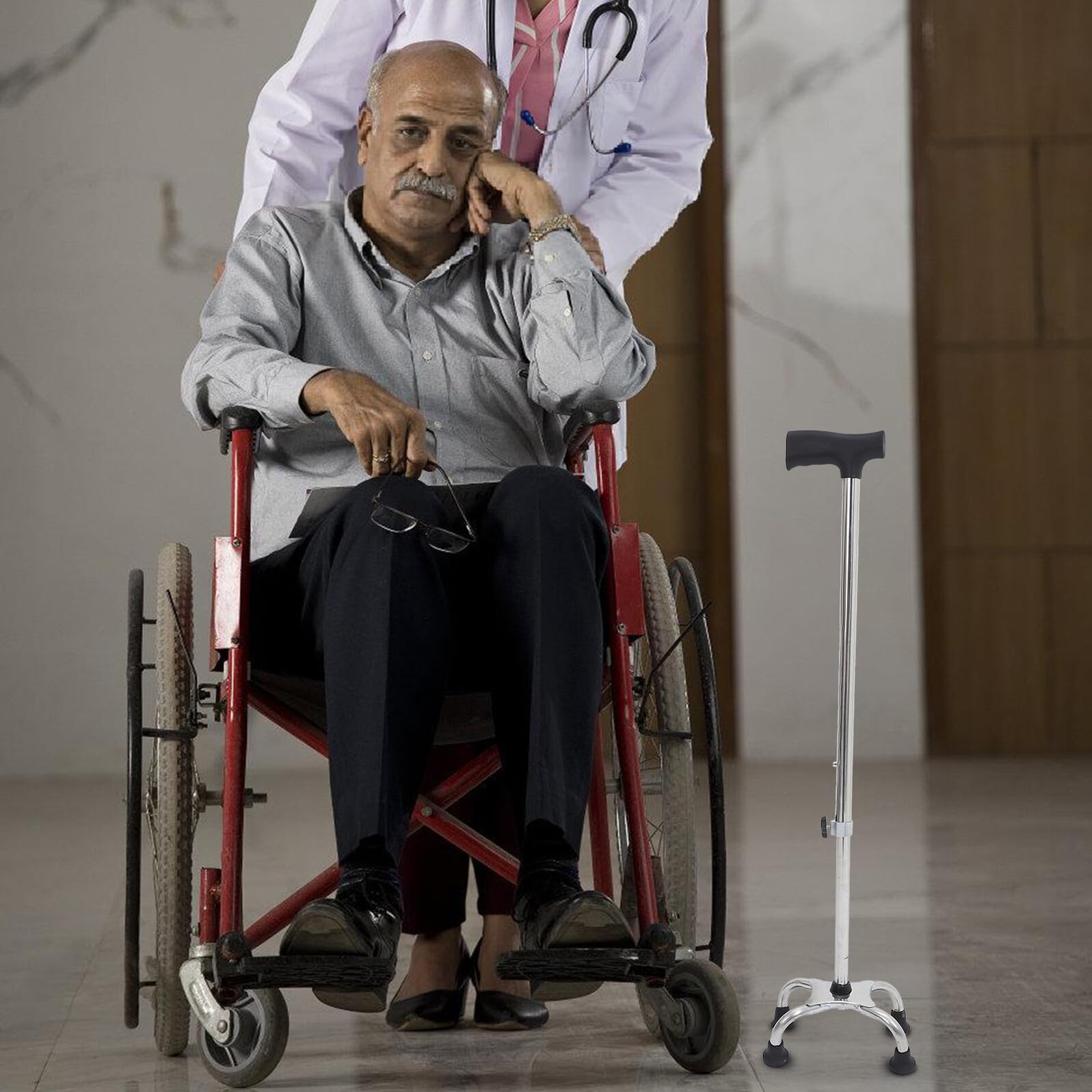 Bastón Ergonómico Ajustable para Personas Mayores con Base Plana de Cuatro Puntas, Soporte Adicional y Antideslizante para Uso Interior y Exterior