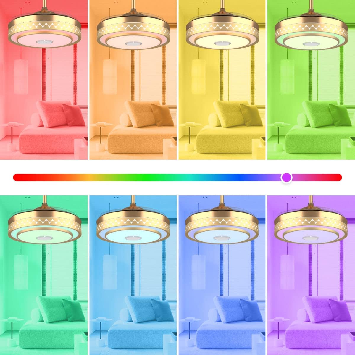 Retractable Blades Ceiling Fan with Lights and Bluetooth Speaker Dimmable Invisible Chandelier with Remote 7 Color Light Fandelier Ceiling Fan Light 6 Speed Living Room (42 inch Gold)