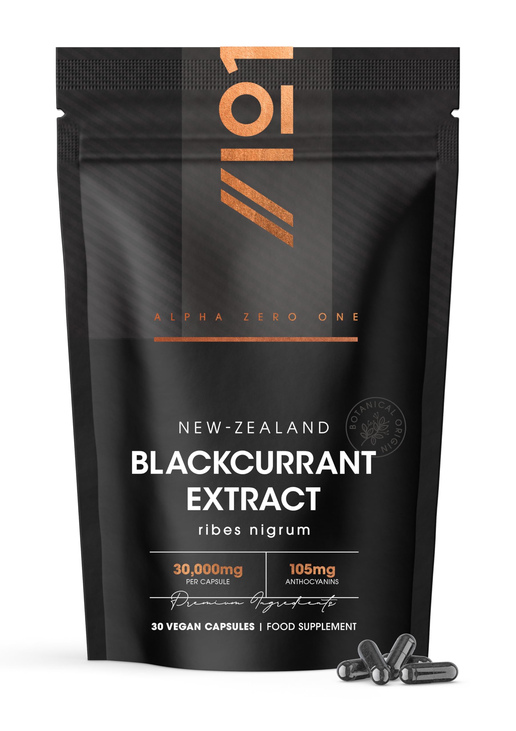 New Zealand Blackcurrant Extract - 35% Anthocyanins - 30 Vegan Capsules (1 Month Supply) – Resealable and Recyclable Pouch by Alpha01