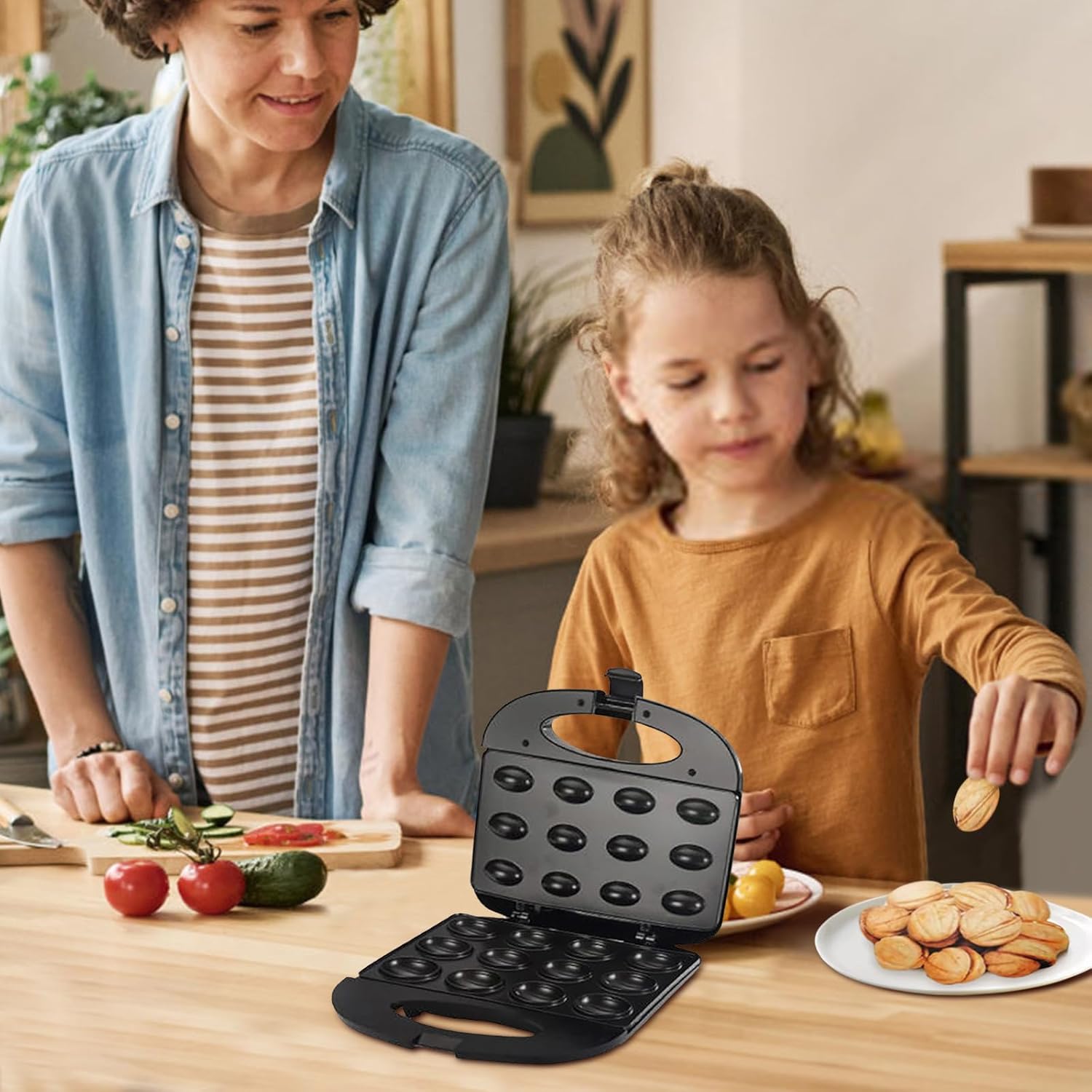 Walnut Cookie Maker 12 Holes, Non Stick Double Sided Walnut Cookie, Compact Electric Walnut Cake Mold Maker with Double Heating for Baking And Gifts, Easy To Clean (Black)