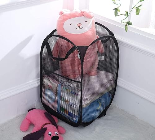Miniatura 7 de Cesta de ropa de malla emergente de Larpur, cesta de lavandería plegable y portátil para ropa con asa de transporte reforzada (Negro 2 piezas)
