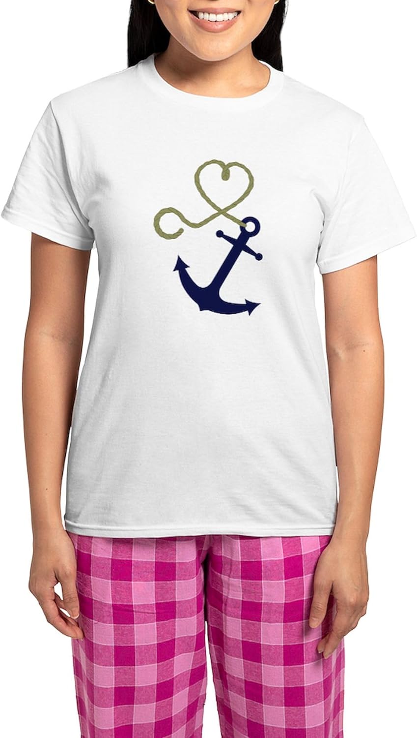 CafePress Blue Anchor with Heart Rope Pajamas Women's Novelty Cotton Pajama Set, Comfortable PJ Sleepwear