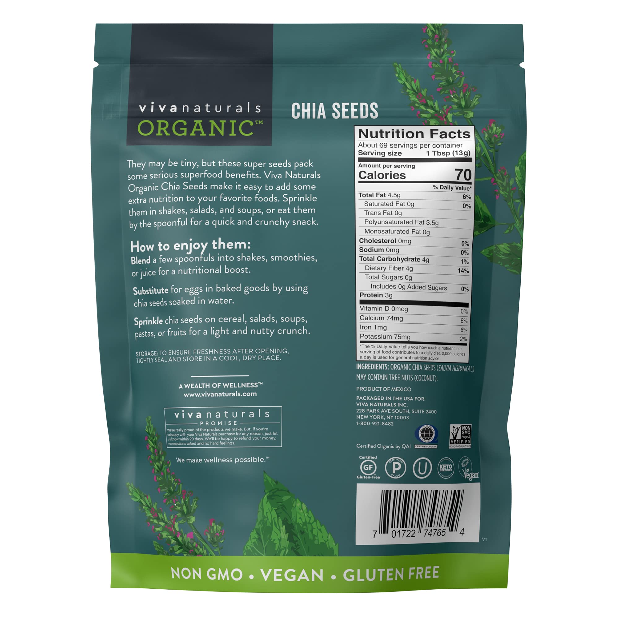 Viva Naturals Organic Chia Seeds 2 LBs - Plant-Based Omega-3 and Vegan Protein, Non-GMO Chia Seeds Organic Perfect for Smoothies, Salads and Chia Seed Pudding, Black Chia Seeds Bulk