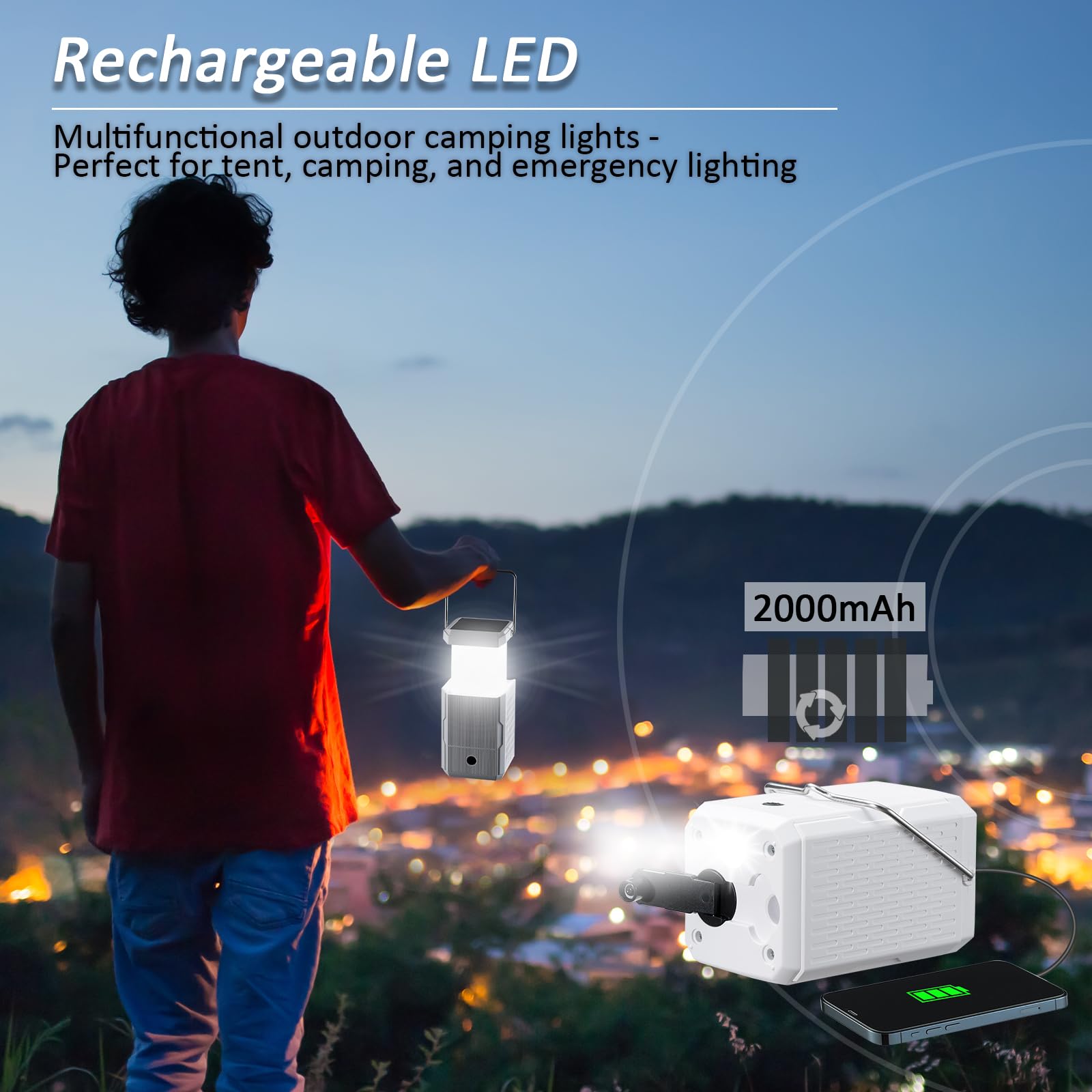 Linterna de camping recargable, manivela de mano y luces solares de camping con salida USB, luces de tienda para camping, lámpara de campamento portátil, esencial de fallo de energía para el hogar