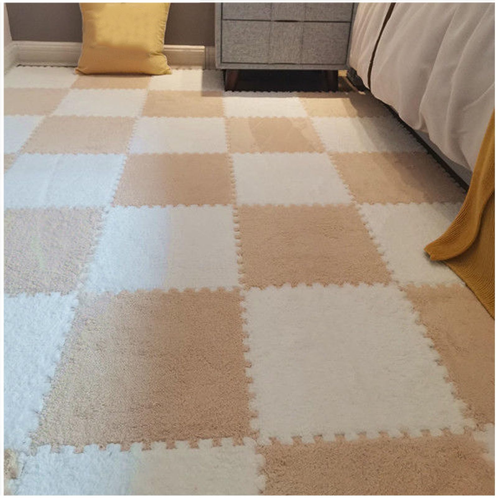 Schaumstoff-Spielmatte, 10er-Pack Plüsch-Schaumstoff-Puzzlematten, Mehrfarbig(Apricot+White)