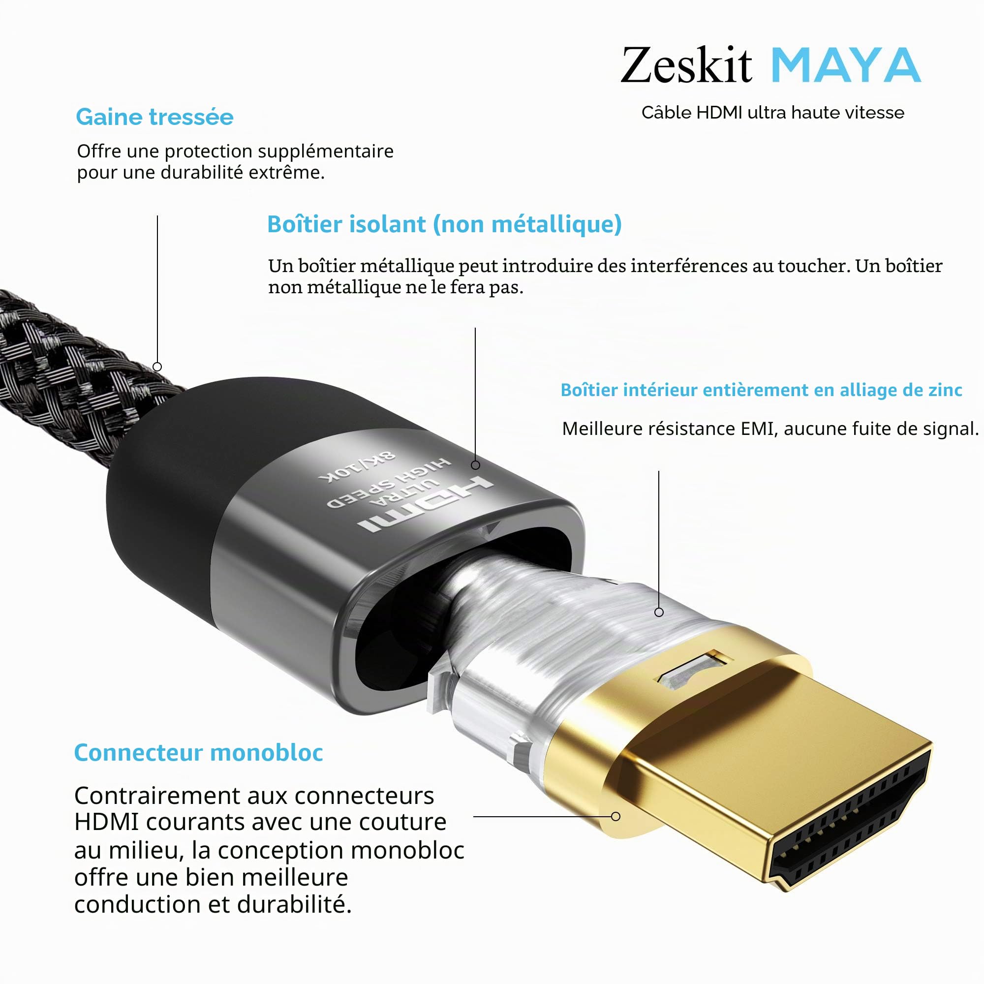 Zeskit Câble HDMI certifié 2.1 8K 48 Gbit/s 4K 120 Hz eARC HDR10 VRR Dolby Vision Atmos HDCP 2.2 & 2.3 Gaming PS5 Xbox Series X Apple TV Roku Monitor