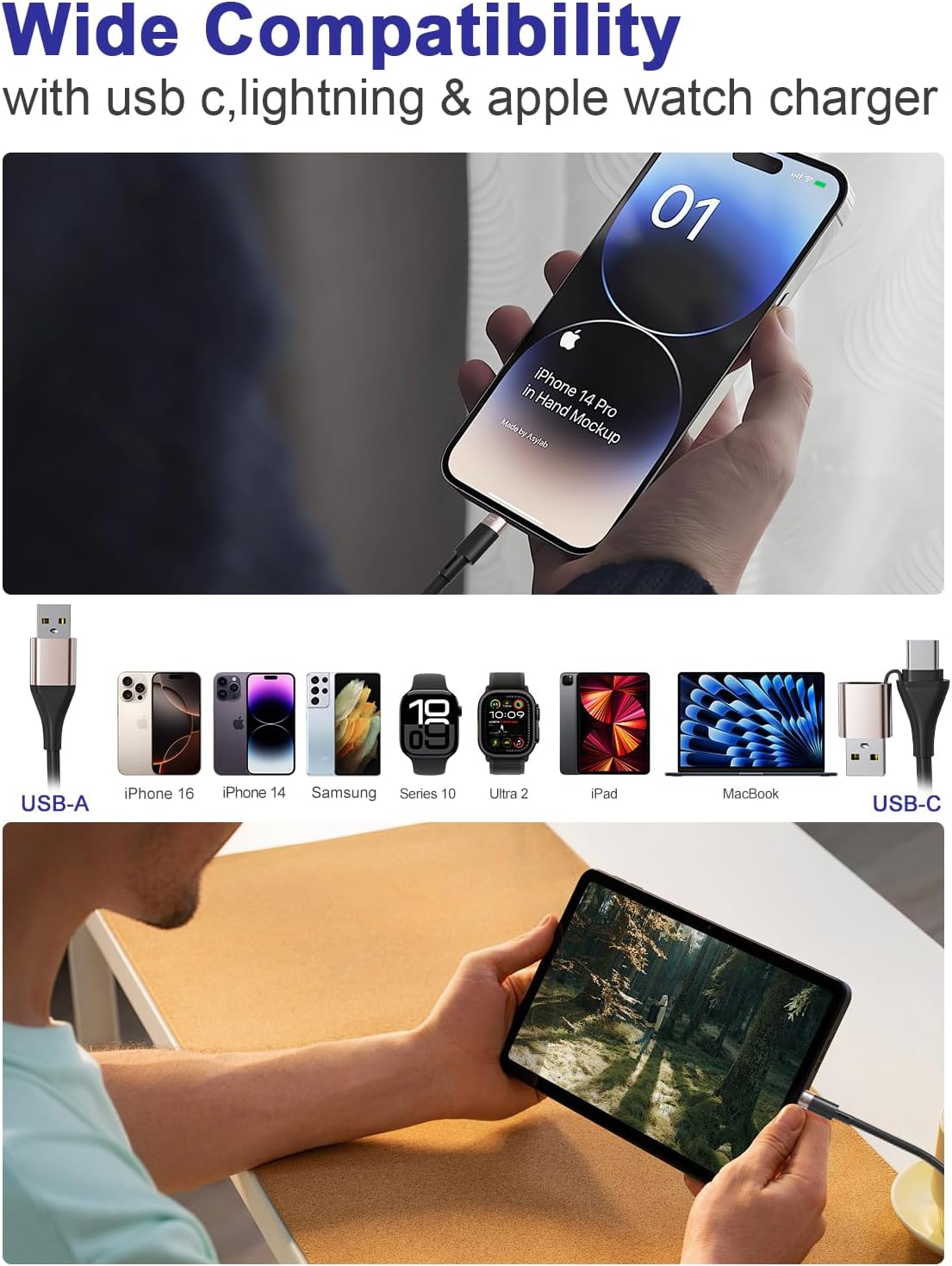 Coiled Multi Charging Cable for Apple Watch - 100W 3 in 1 Retractable Cherger Cord with USB C, Lightning & Apple Watch Charger for iWatch, iPhone 15/16/17, Android Phone, iPad, Laptop
