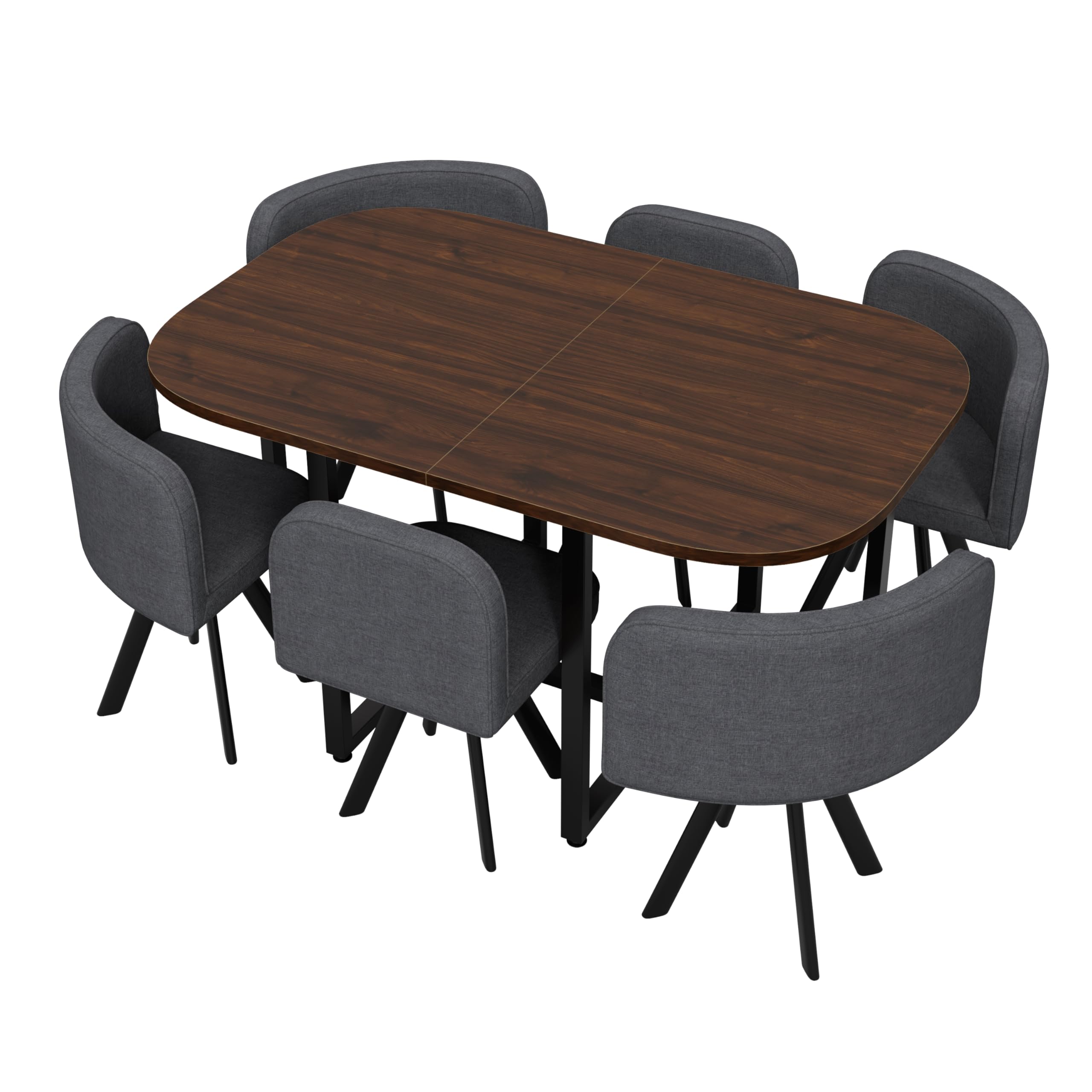 Essgruppe mit 6 Stühlen aus Leinen, Esstisch Set mit Tischplatte(140 x 90cm) aus Walnussholz, Dining Table Set mit rutschfeste Fußpolster, für Küchen und Esszimmer, Grau
