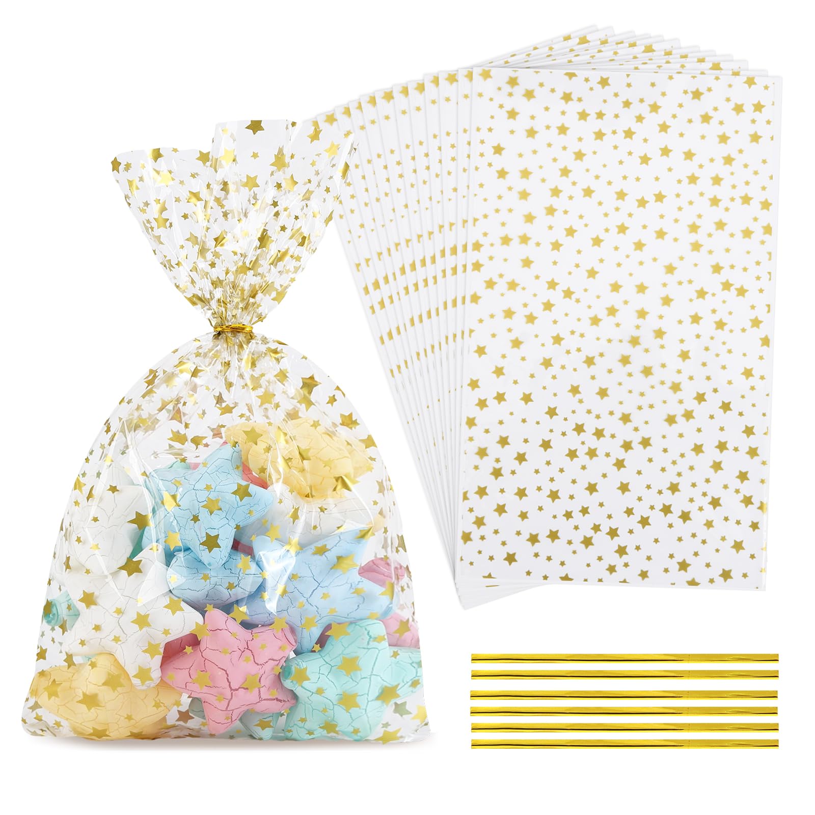 LEOSINDA 100Pcs Cellophane Bags, Clear Gift Bag Cellophane Treat Bags 6 X 10 Inches 100 Twist Ties for Gift Wrapping,Packaging Candies,Dessert,Bakery, Cookies, Chocolate,Party Favor, Gold Star Printed