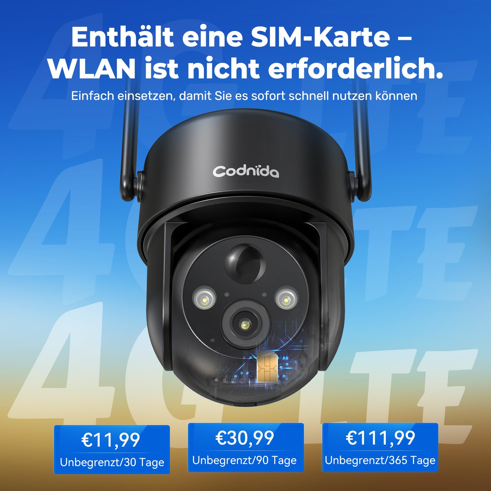 Codnida 4G LTE Überwachungskamera Aussen mit SIM Karte,3MP HD, 9000mAh Akku, Zwei-Wege-Audio, PIR-Bewegungserkennung, IP65 Wetterfest, Nur 4G-Verbindung
