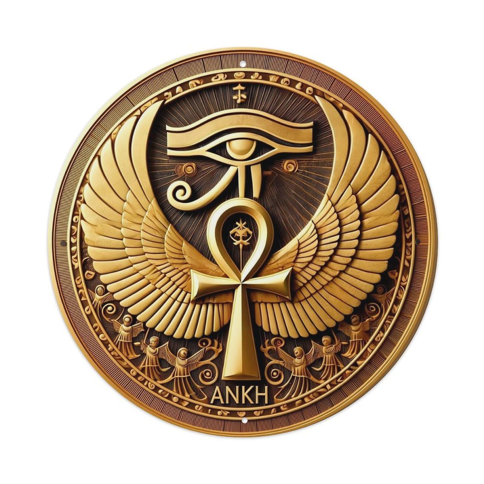 Egyptian Ankh Winged Eye Symbol Vintage Metal Tin Sign Retro Wall Decor for Home Bar Garage Cafe, Indoor & Outdoor Decorative，circle Metal Poster, 8x8 Inch