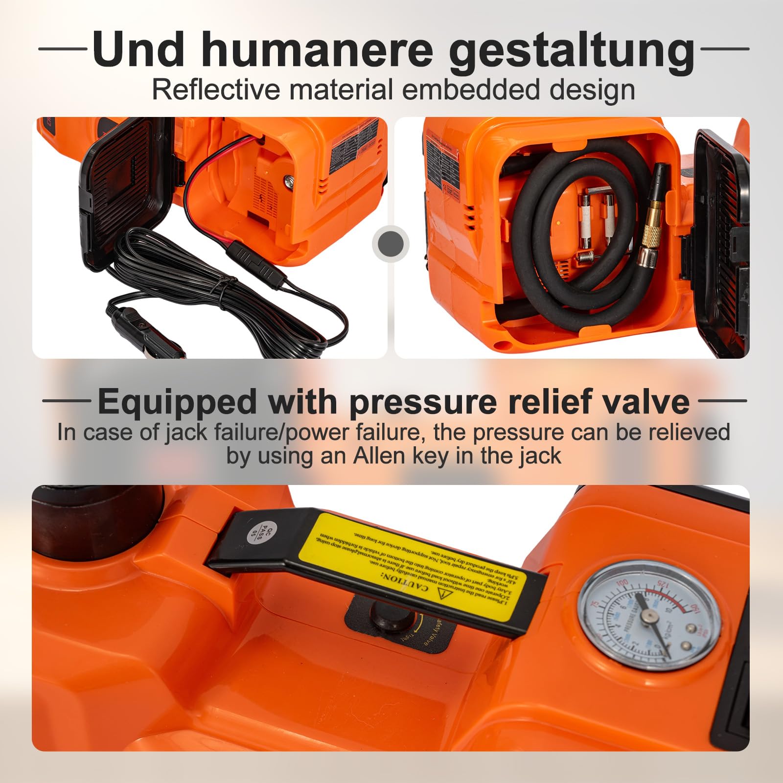 Elektrischer Wagenheber 5 t, 12 Volt wagenheber elektrisch, All-in-One-Bodenhub mit Hydraulischer Heber und Schlagzange, inklusive Luftpumpe, Sicherheitshammer und LED-Leuchte für Limousinen, SUVs