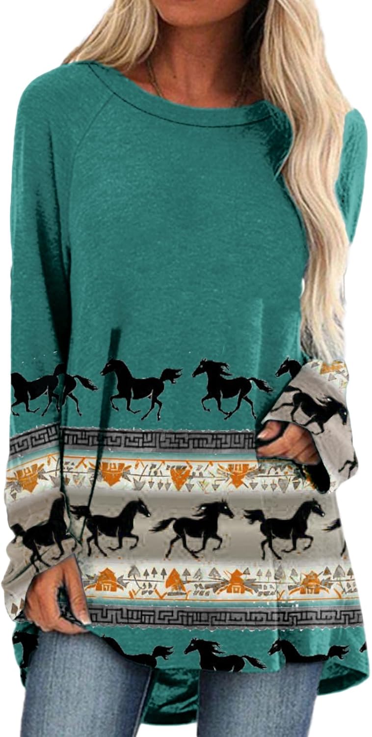 LOAIHA Western Shirts for Women Long Sleeve Native American Cowgirl Shirt Aztec Cow Skull Sweatshirt Ethnic Country Outfits