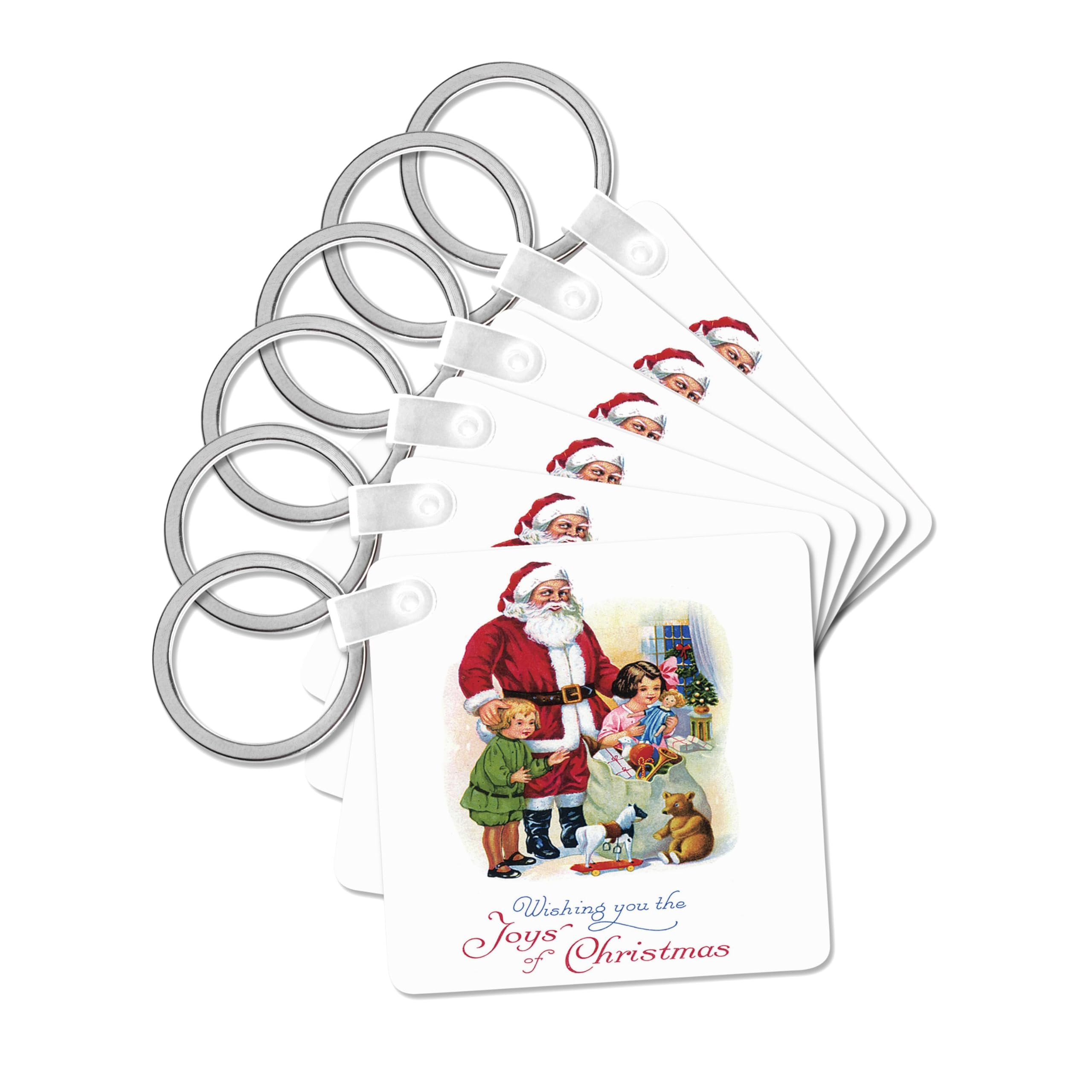 3dRose, Vintage Santa with Children and his Bag of Toys Christmas Card Design, set of 6 Key Chains