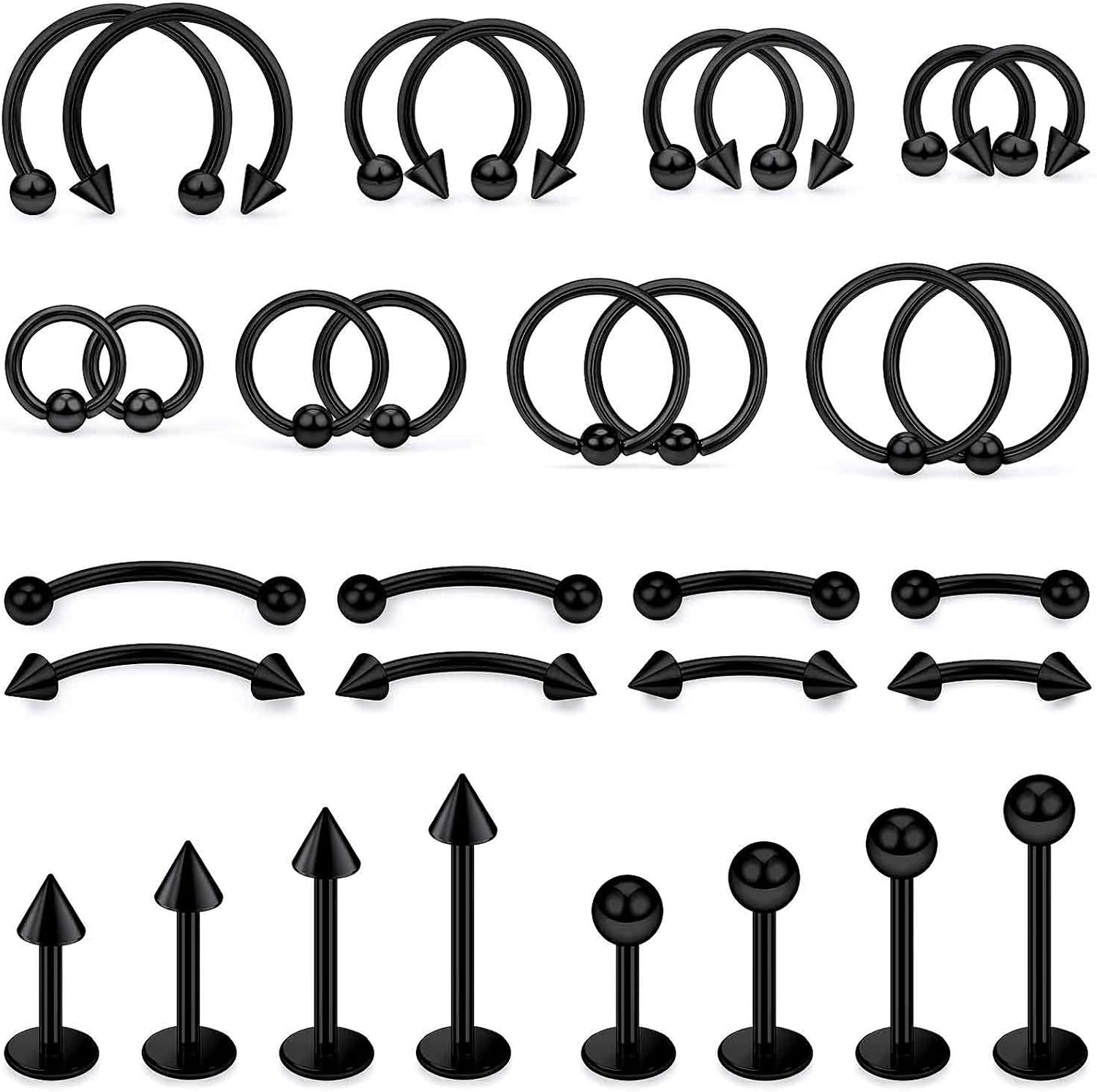 16G 20G Horseshoe Septum Nose Lip Rings Surgical Steel Tragus Forward Helix Conch Rook Daith Snug Cartilage Earring Medusa Vertical Labret Snake Bite Monroe Lip Piercing Jewelry for Women Men