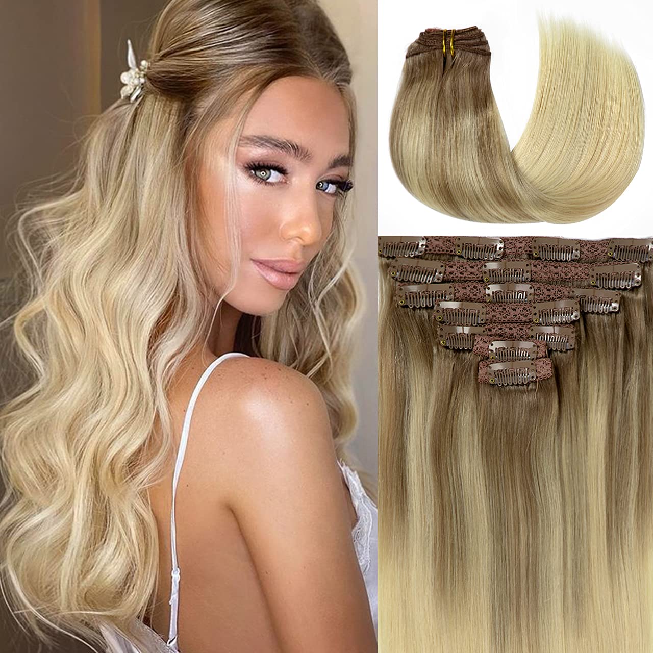 Lacer Silky Straight Clip in Hair Extensions Human Hair Lace Double Weft Ombre B8/
