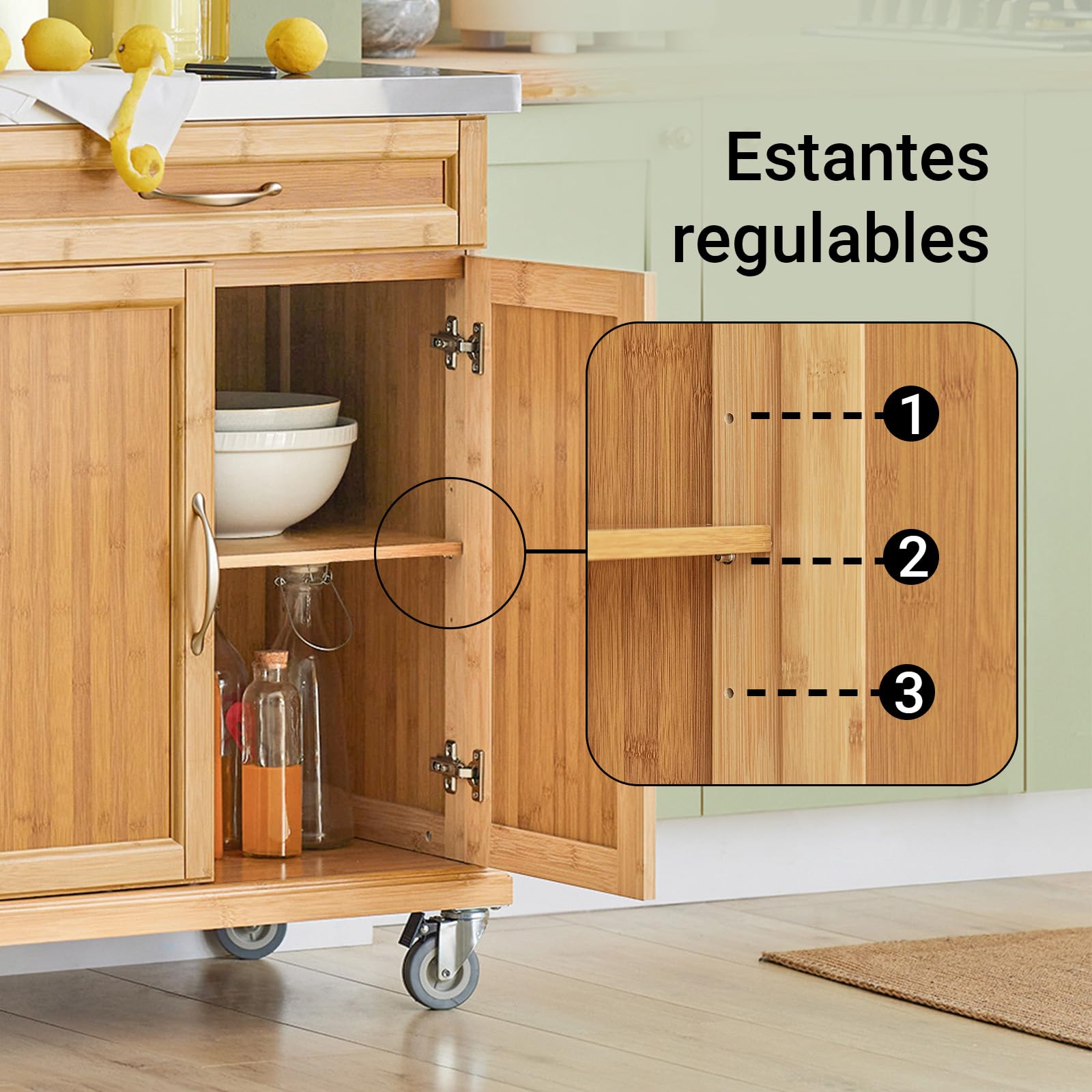 SoBuy Carrito de Cocina con Ruedas, 66x92x46 cm, Espacios pequeños | Mesa Auxiliar con encimera inox robusta, estante regulable y ruedas flexibles, MDF/PB, para cocina y exterior, FKW13-N