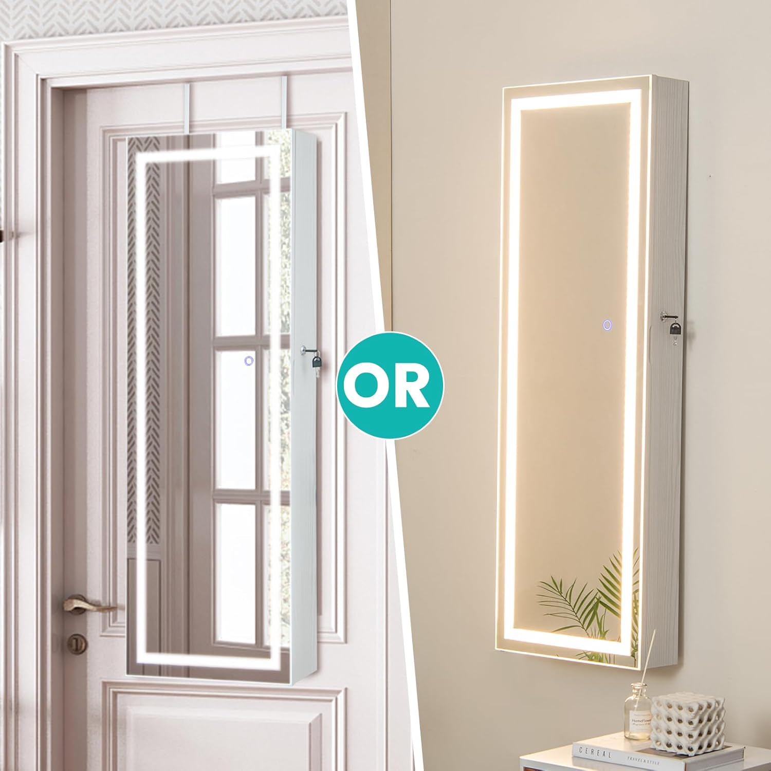 CHARMAID LED Mirror Jewelry Cabinet, 47.2'' Jewelry Armoire with Adjustable Lighted Full Length Mirror, Wall Mounted or Door Hanging, Lockable Jewelry Organizer Storage (Grayish White, 47.2''H)