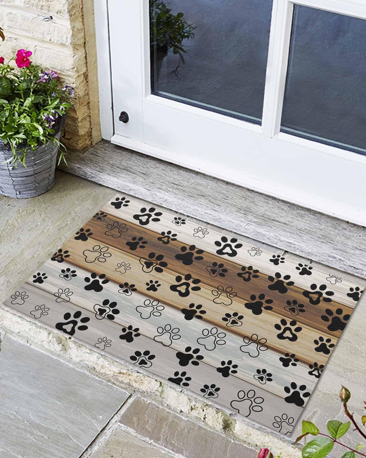 Hokiten Front Door Mat Outdoor, Beige Brown Dog Paw Prints Absorbent Non Slip Indoor Entry Rug, Country Farmhouse Wooden Low-Profile Doormat Washable