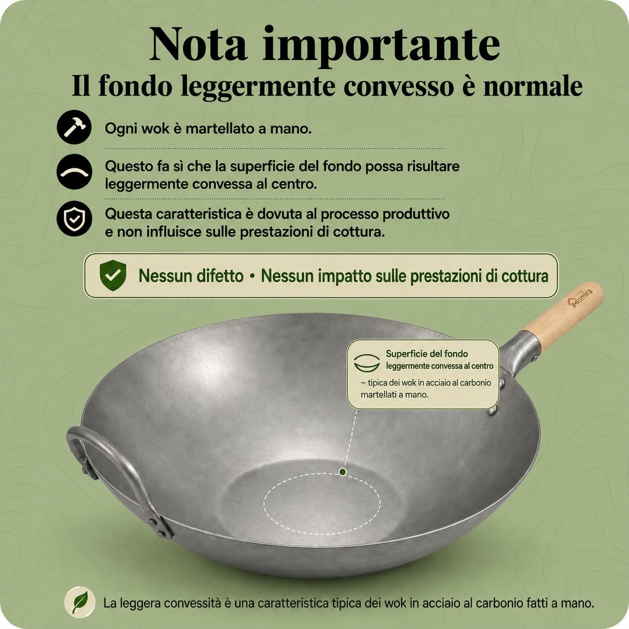 Homira Wok 36 cm in Acciaio al Carbonio, Martellato a Mano, Fondo Piatto e Manico in Legno, Senza PFAS, Padella Wok Cinese per Tutti i Piani Cottura, Induzione, Gas, Barbecue e Outdoor