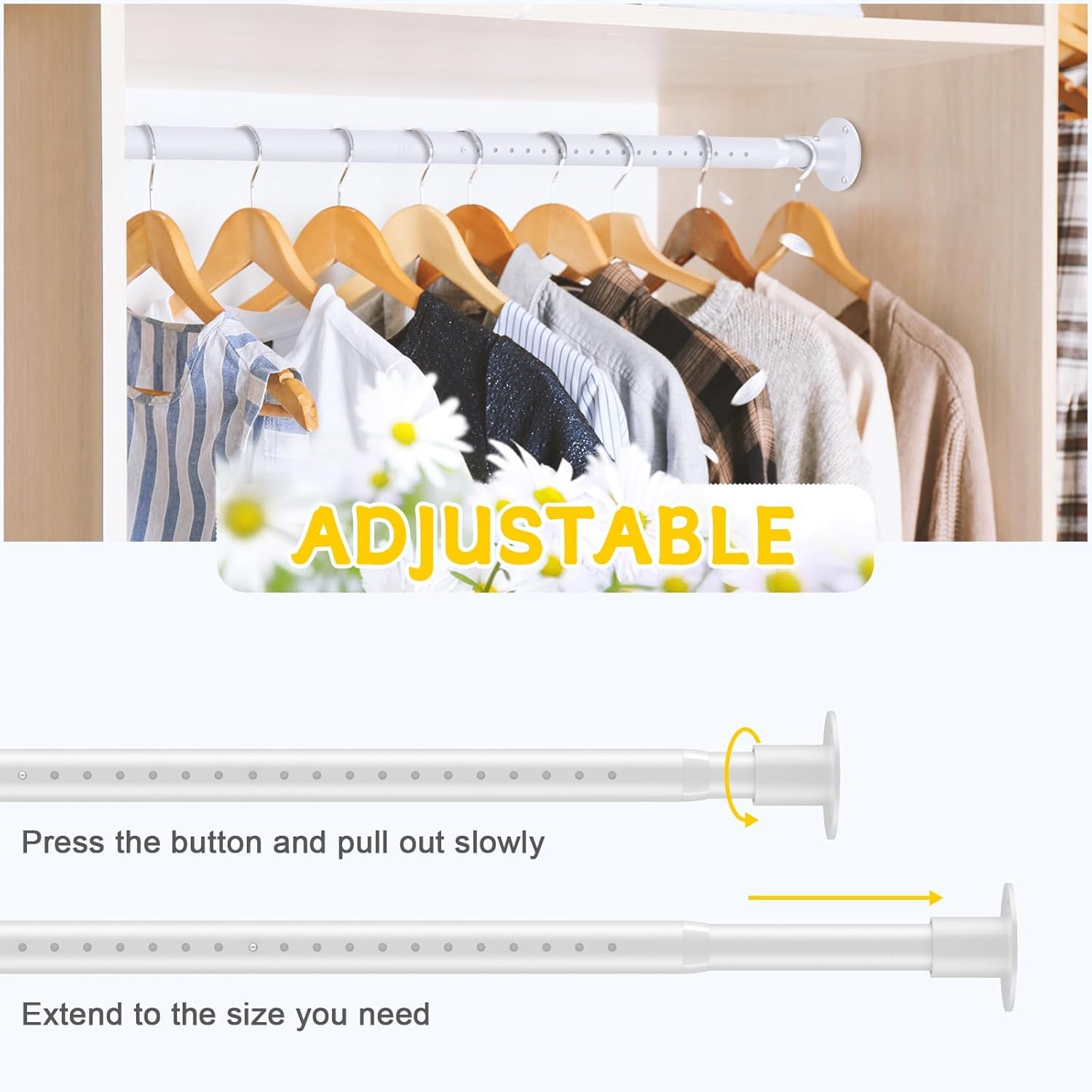 Tringle Vêtements Extensible, 43-139cm Tringle à Vêtements avec Base Ronde Réglable en Acier Inoxydable, Rail pour Suspendre des Cintres et Habillement Dans Penderie, pour Chambre à Couch/Blanc Mat