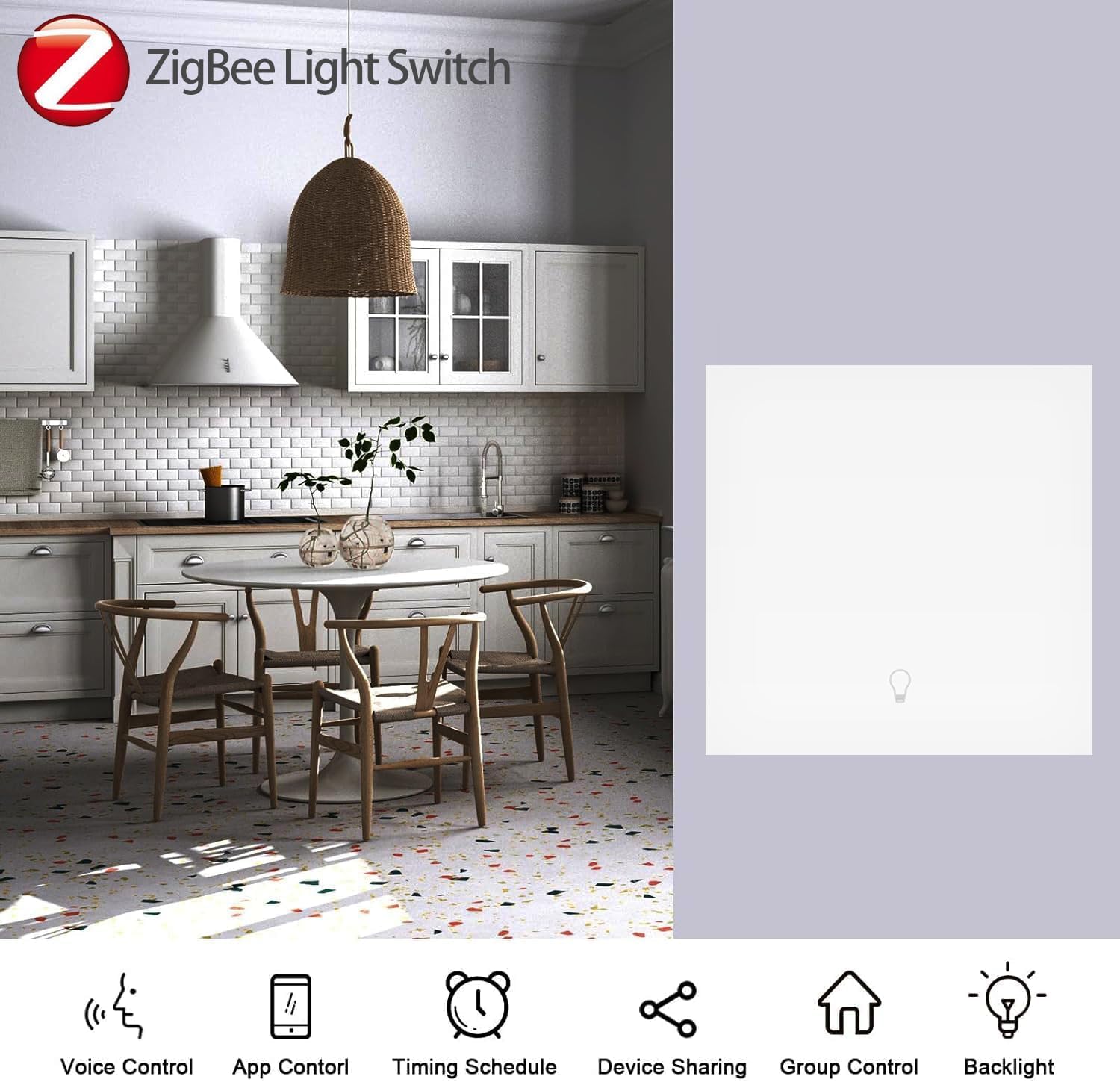 ZigBee Smart Light Switch, Work with Alexa Google Home, Pushbutton Switch with Backlight, Neutral Wire Required - Image 3