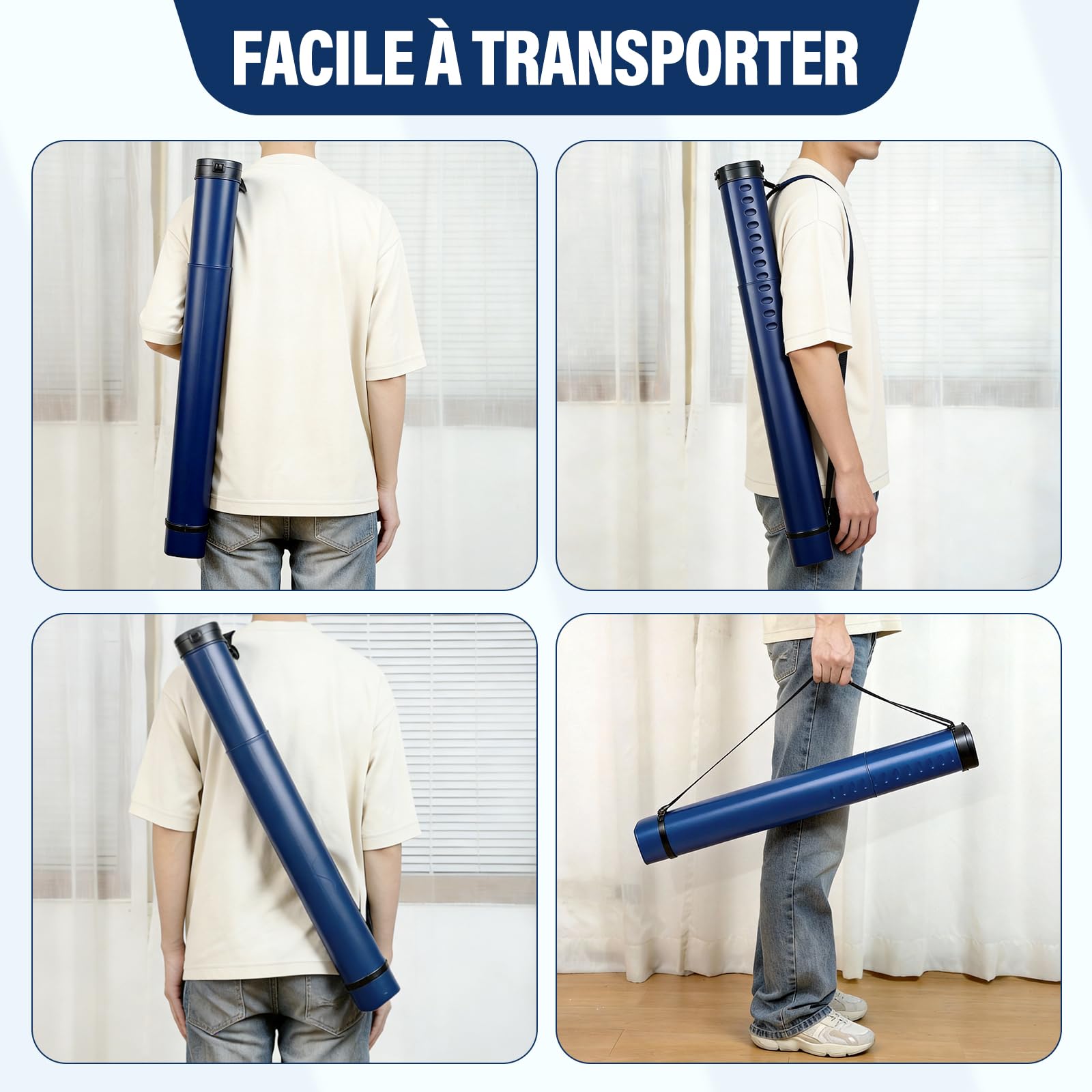 DEWEL Rouleau de Transport télescopique A0, 62-107 cm, pour Posters et Tableaux, Bleu foncé