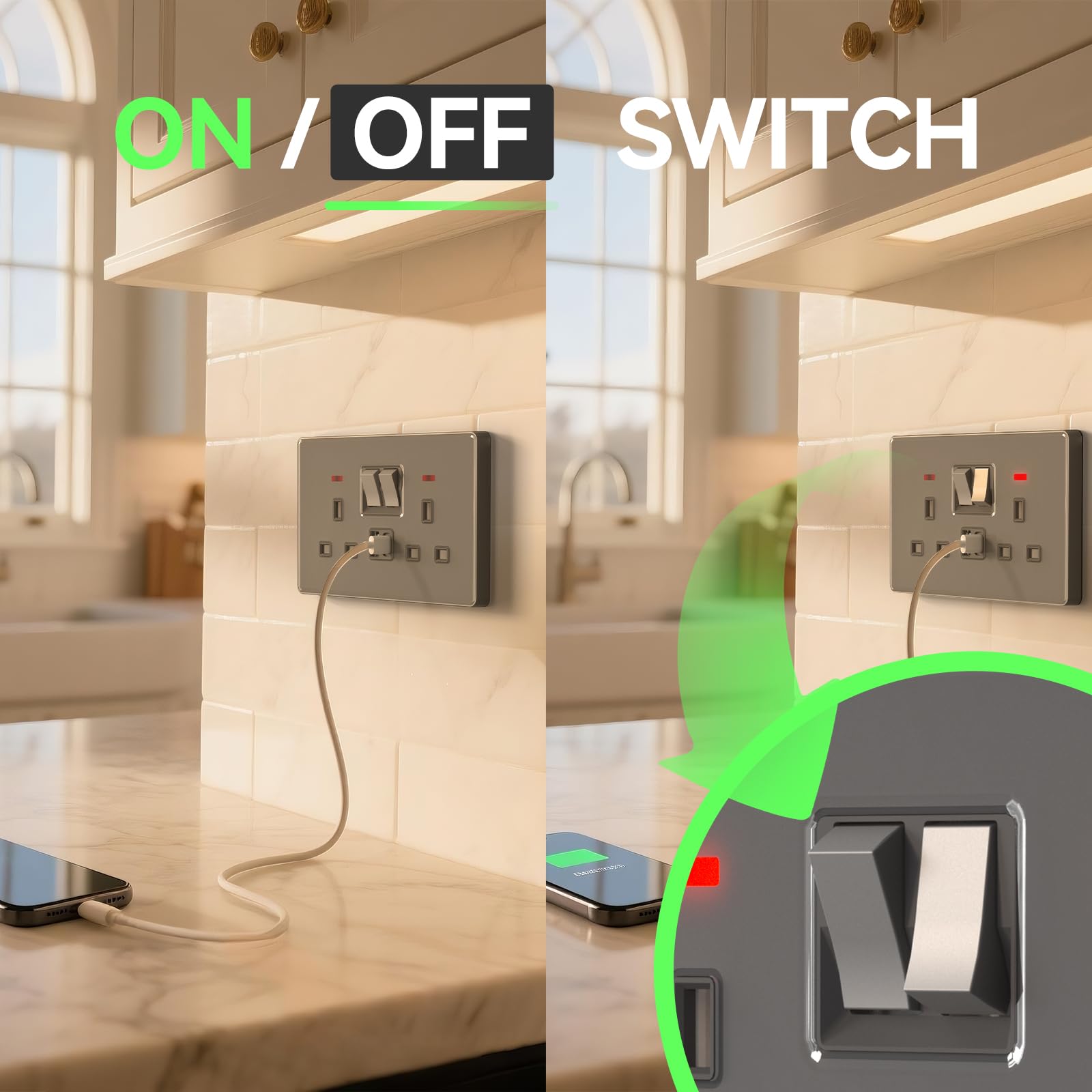 BSEED Single Socket with 20W USB-C Fast Charging,Glass Switched Wall Socket,LED Indicator Light,UK Standard 13A Electric Power Outlet,Screws Included - Image 4