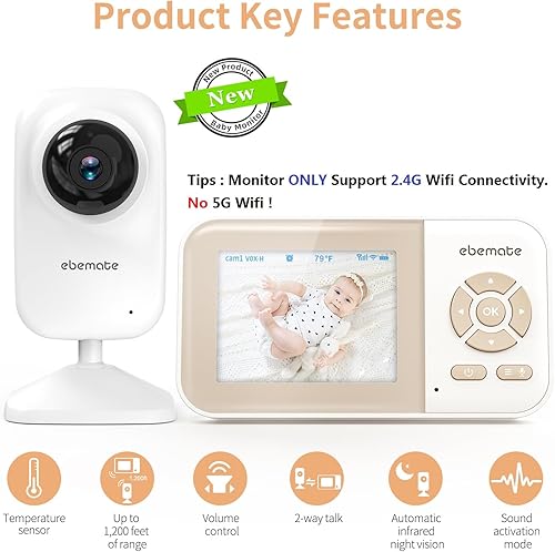 Miniatura 2 de ebemate Video Baby Monitor Cámara, 2-Way Talk Audio Cam Monitor con canciones de cuna Monitoreo de bebé con pantalla LCD de 2.8 "- EB29