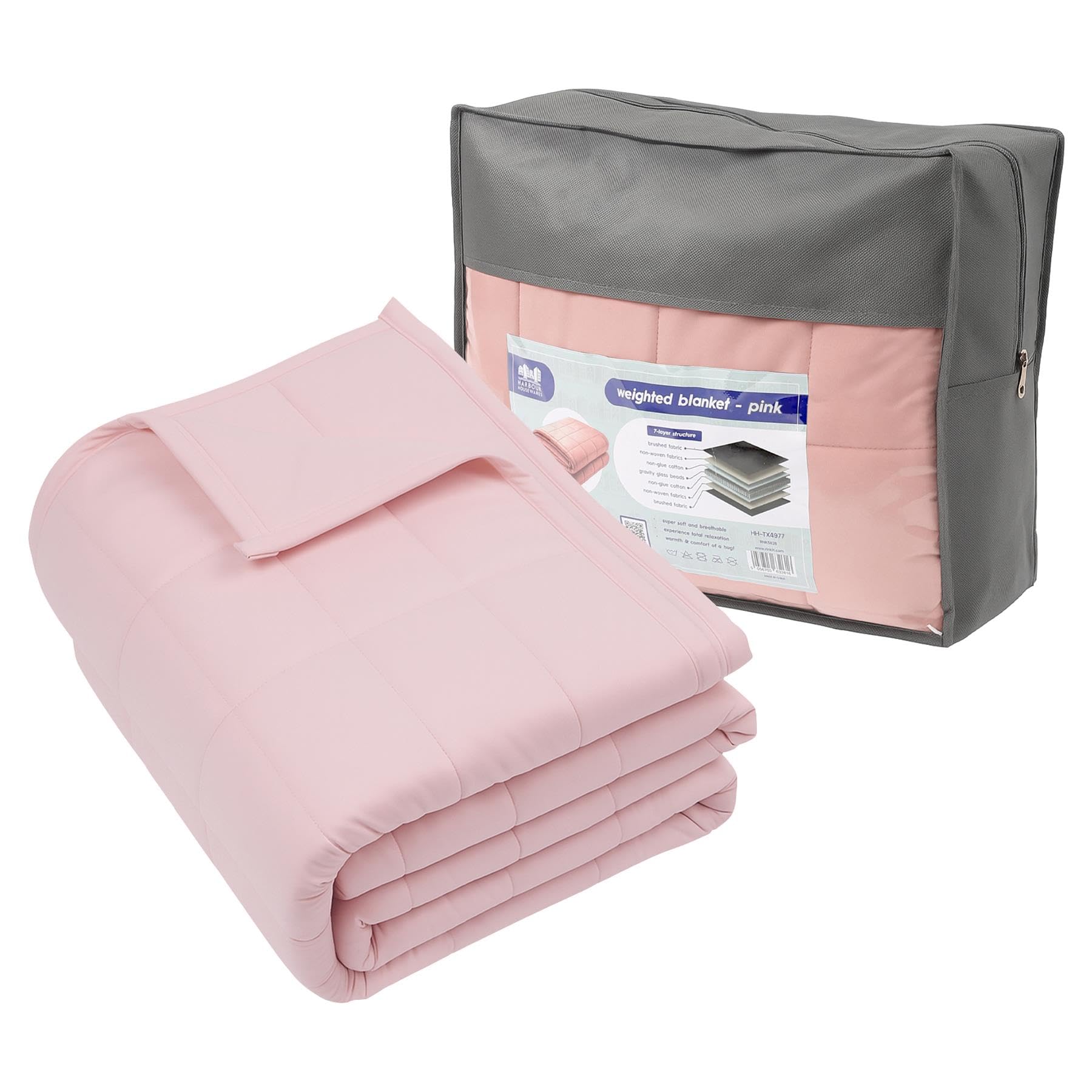 Harbour Housewares Weighted Blanket 8kg with Storage Bag – 150x200cm Pink Weight Blanket...