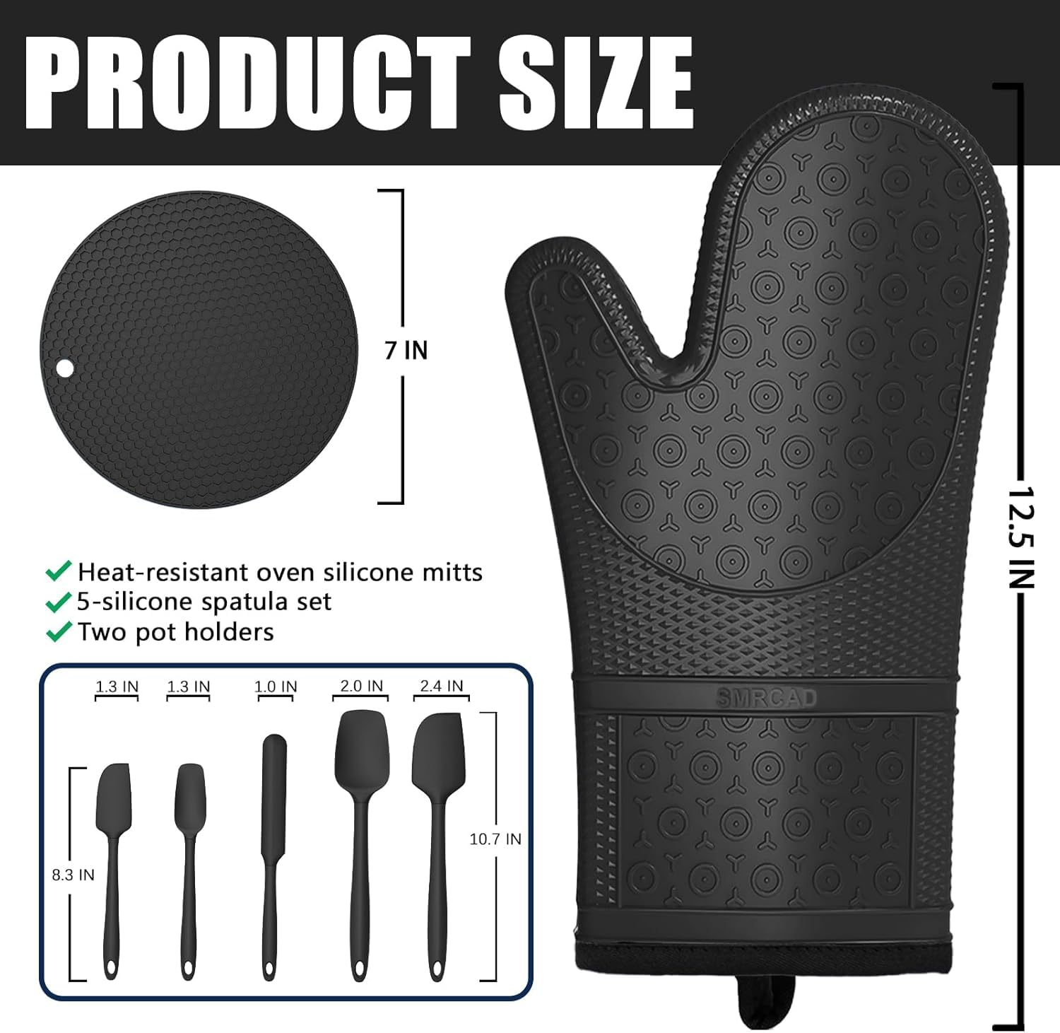 Guantes de horno de silicona con almohadillas calientes resistentes al calor y juego de cinco espátulas diseñados para cocina, hornear, cocinar, forro de algodón suave, impermeable, sin BPA (negro,