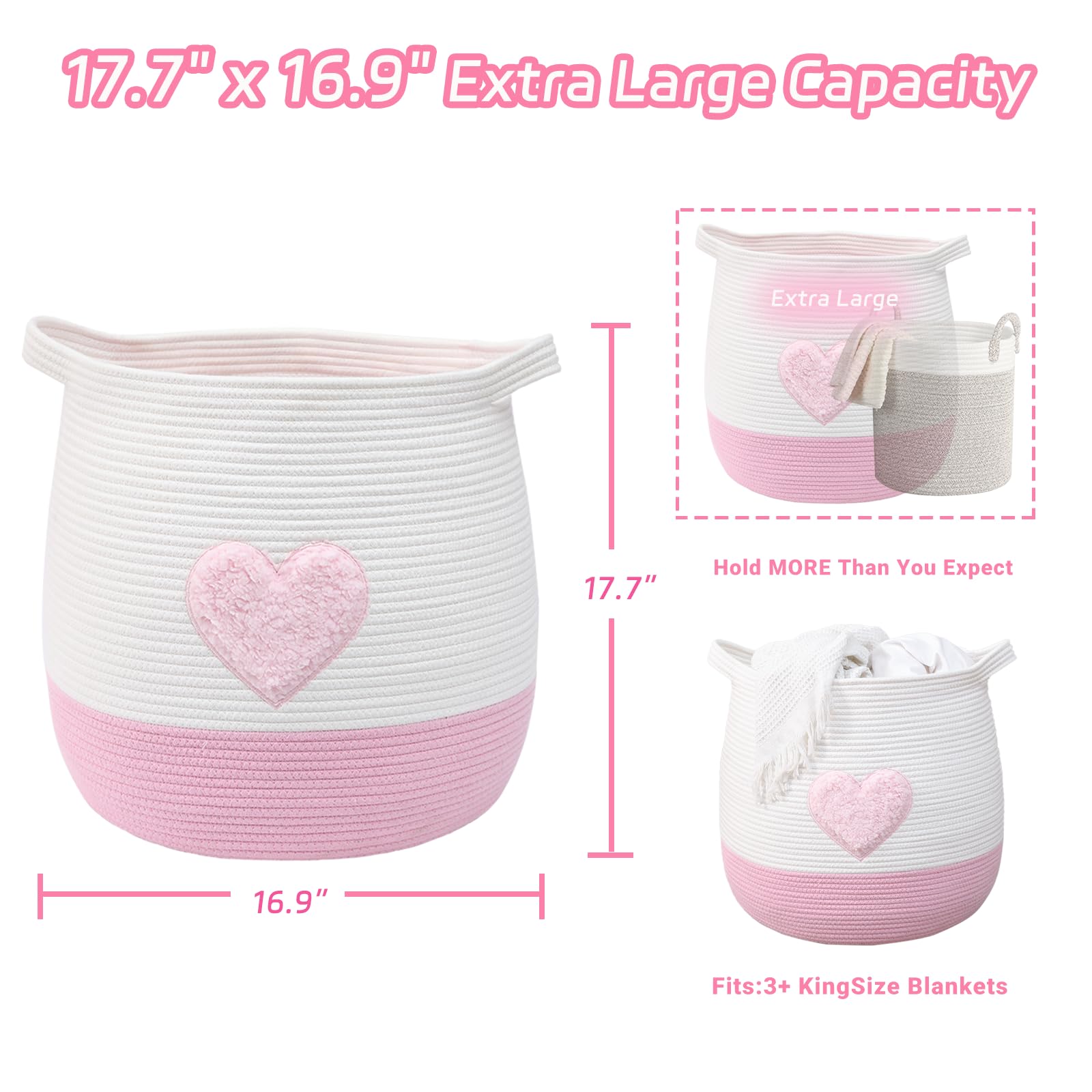 Grand panier de rangement en corde de coton (45 x 43 cm), panier à linge tissé et panier de rangement de jouets pour chambre de bébé, rangement de couvertures avec poignées, cœur rose