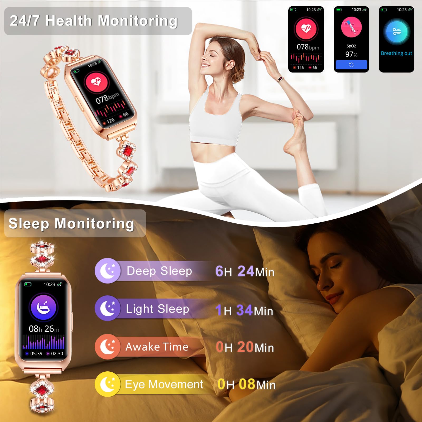 Reloj Inteligente Mujer, 1.47" Smartwatch Mujer Deportivos IP68 Impermeable Relojes Monitor de Ritmo/Sueño/SpO2 Podómetro para Android iOS