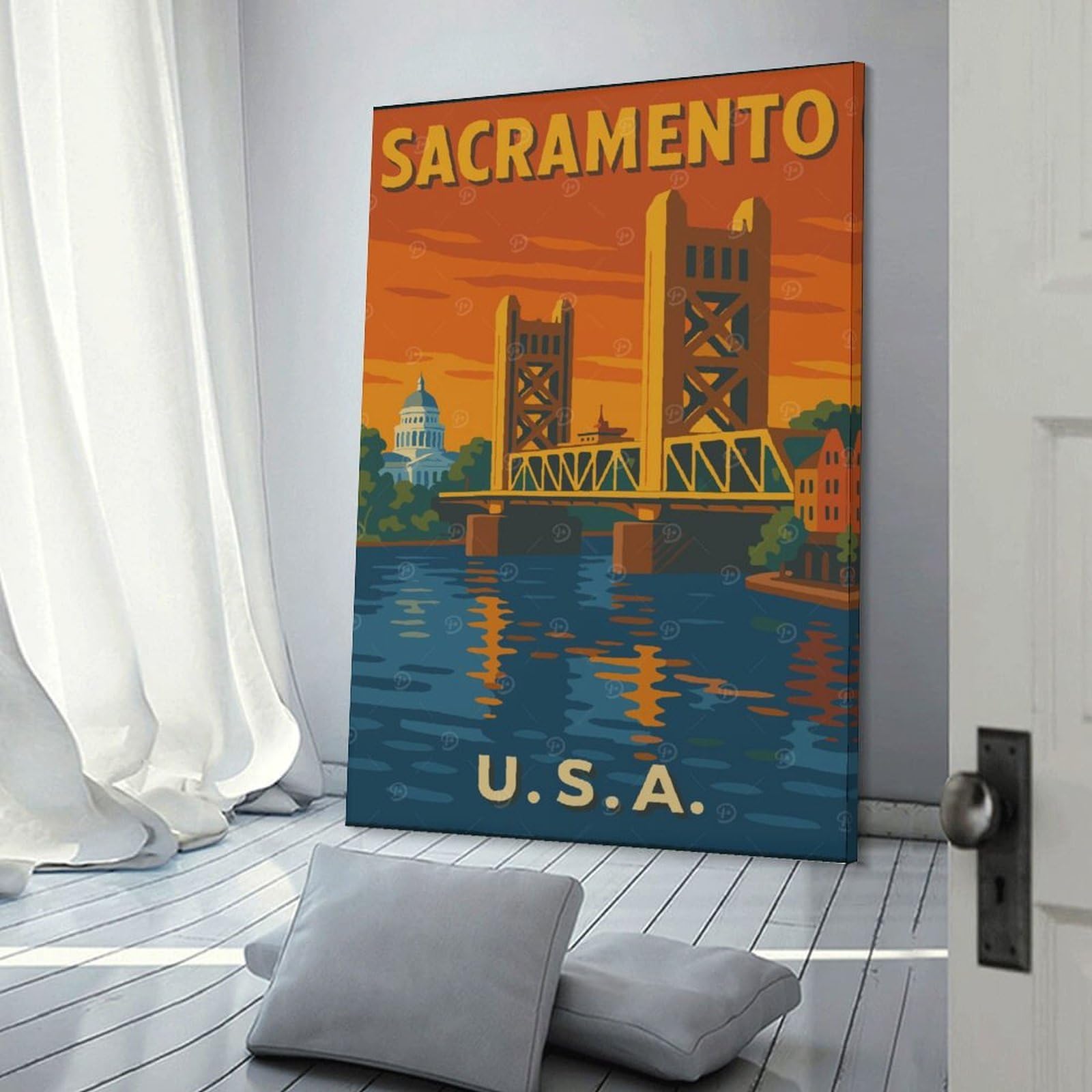 Junmoney Sacramento, California Travel Poster Decorative Wall Artwork 24x36inch(60x90cm), for Front Hall, Corridor Or Welcome Spaces, Decorative Wall Art for Narrow Spaces