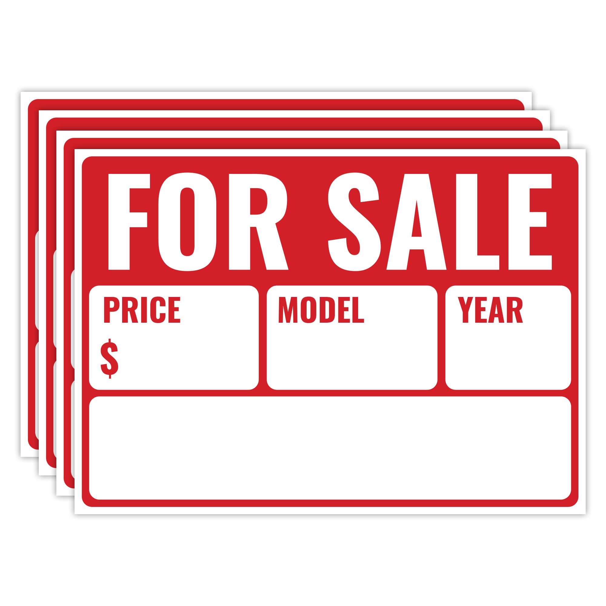 4PC For Sale Sign Car, 14 Inches by 10 Inches - 20 mil Polystyrene Plastic - Car For Sale Signs For Vehicles Window Boat