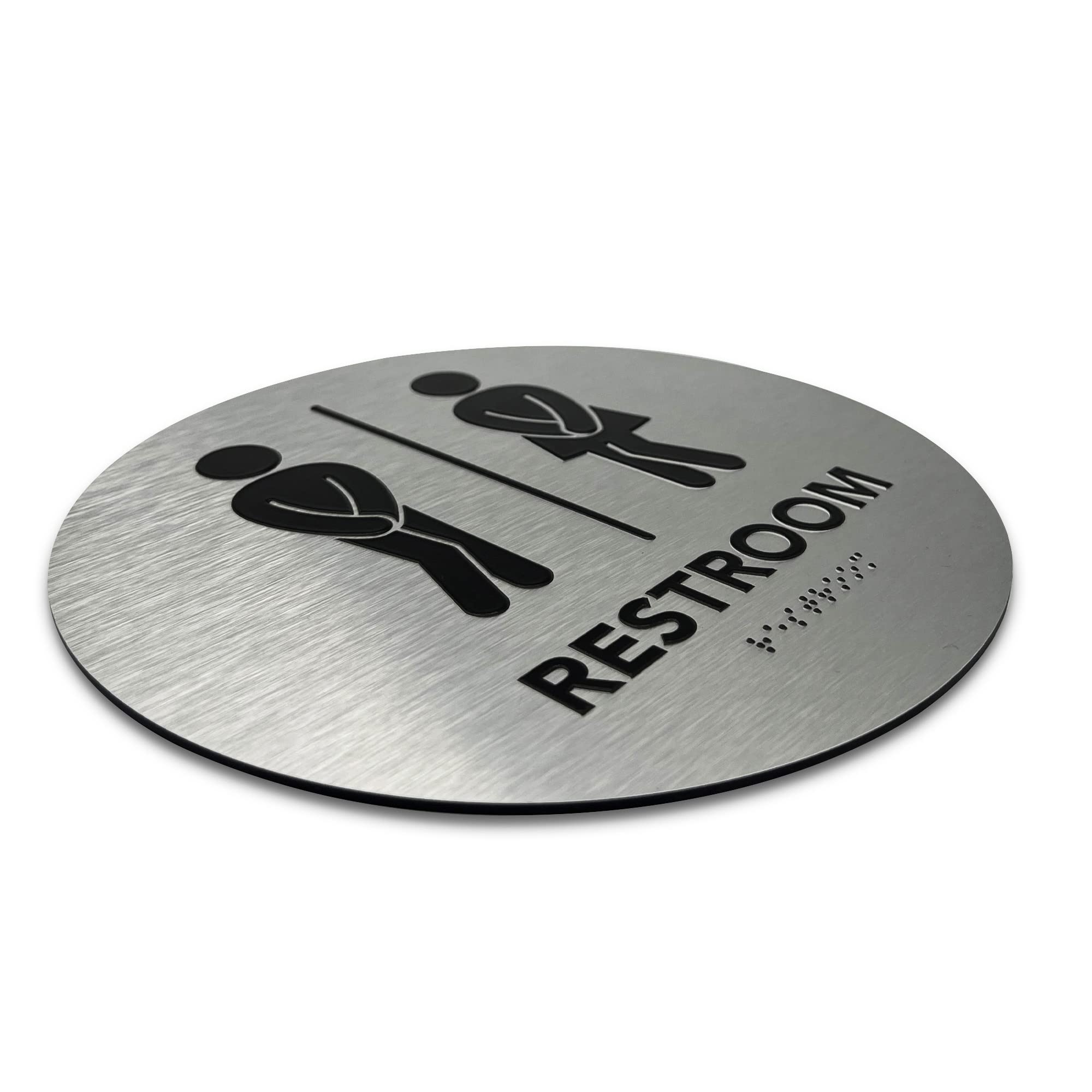 Cartel de baño unisex Circle Boutique de GDS – Iconos elevados y braille de grado 2 – Incluye tiras adhesivas para una fácil instalación – 9 pulgadas de diámetro (aluminio cepillado)