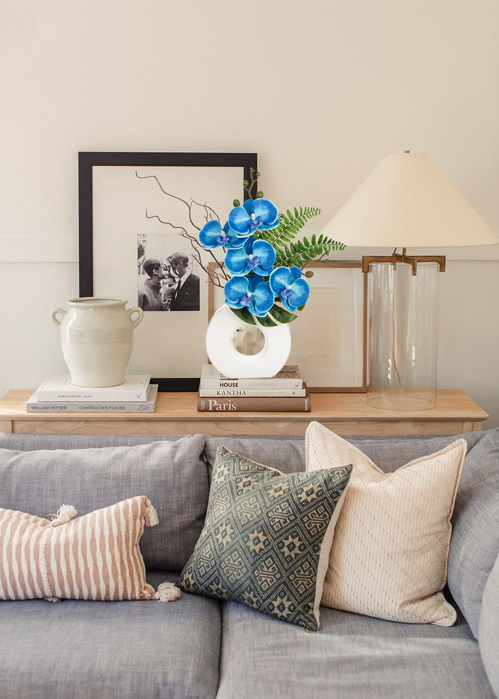 Oairse Artificial Orchid Flowers 41cm Blue Orchid Silk Flowers with Ceramic White Vase Faux Phalaenopsis Flower Arrangement for Home Office Kitchen Table Centerpiece Decoration - Image 3