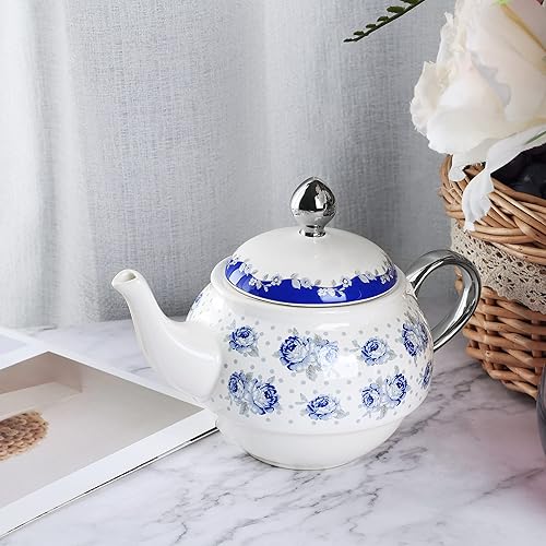 Miniatura 5 de fanquare Té de porcelana para uno, tetera de porcelana de rosas azules y lunares con taza, platillo
